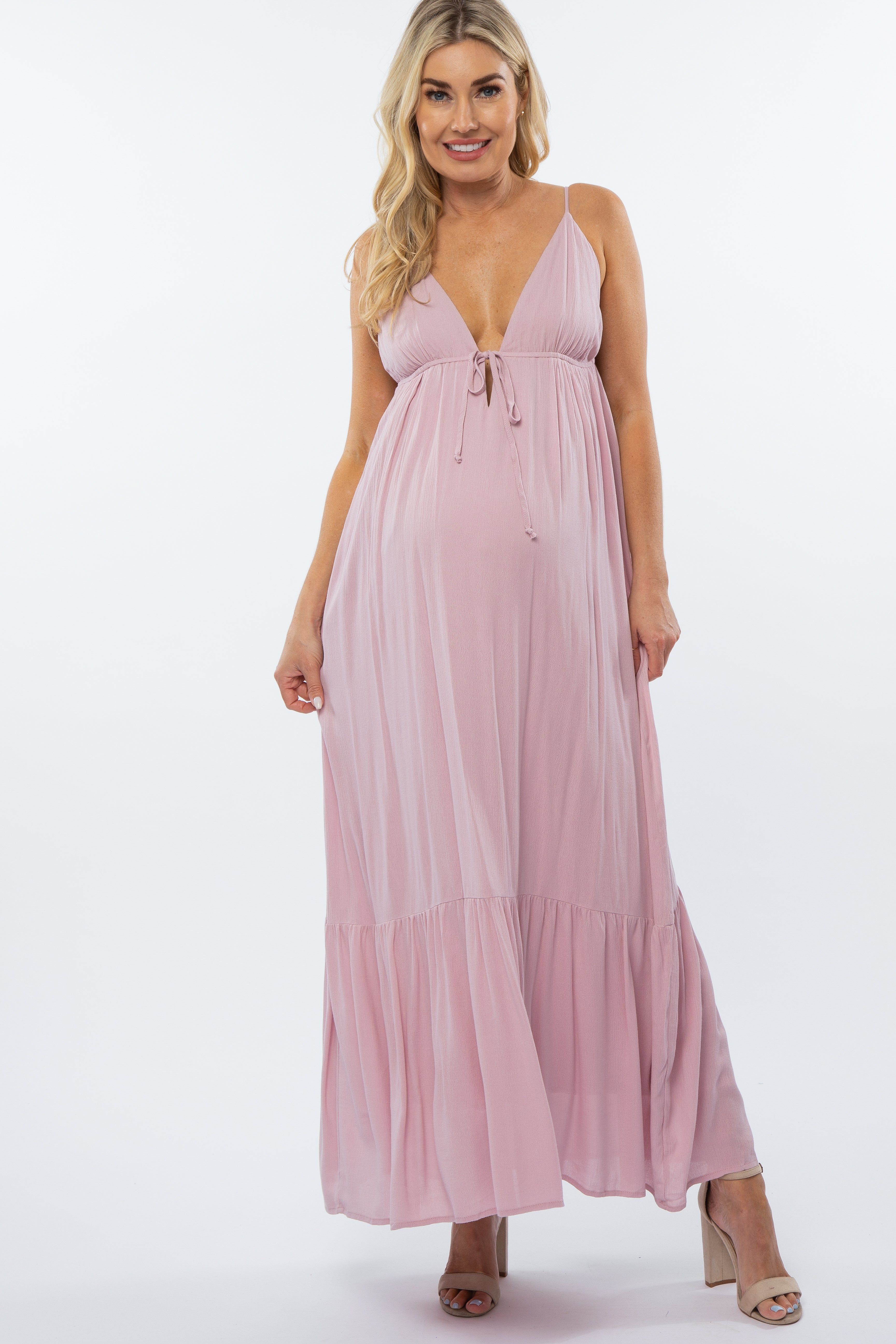 Light Pink Deep V-Neckline Maternity Maxi Dress sold by Pinkblush
