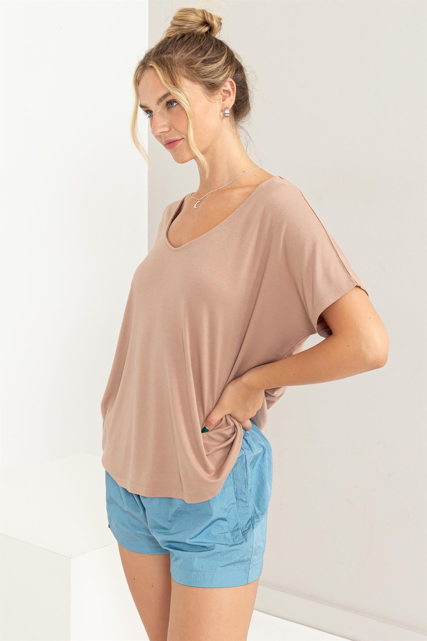 Beige Short Dolman Sleeve V-Neck Top sold by Pinkblush product image thumbnail 2
