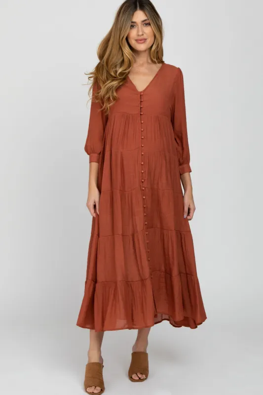 Rust Button Front Tiered Maternity Maxi Dress sold by Pinkblush