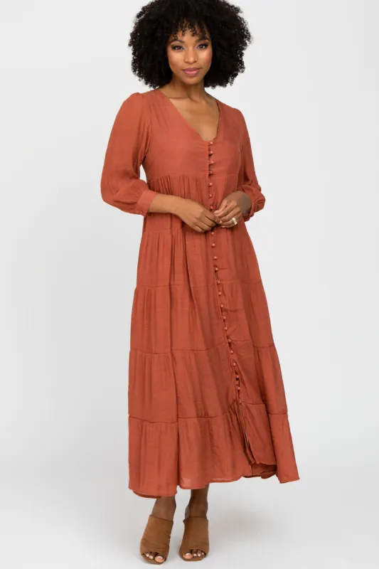 Rust Button Front Tiered Maxi Dress sold by Pinkblush