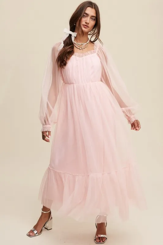 Light Pink Sweetheart Neck Mesh Long Sleeve Maxi Dress sold by Pinkblush