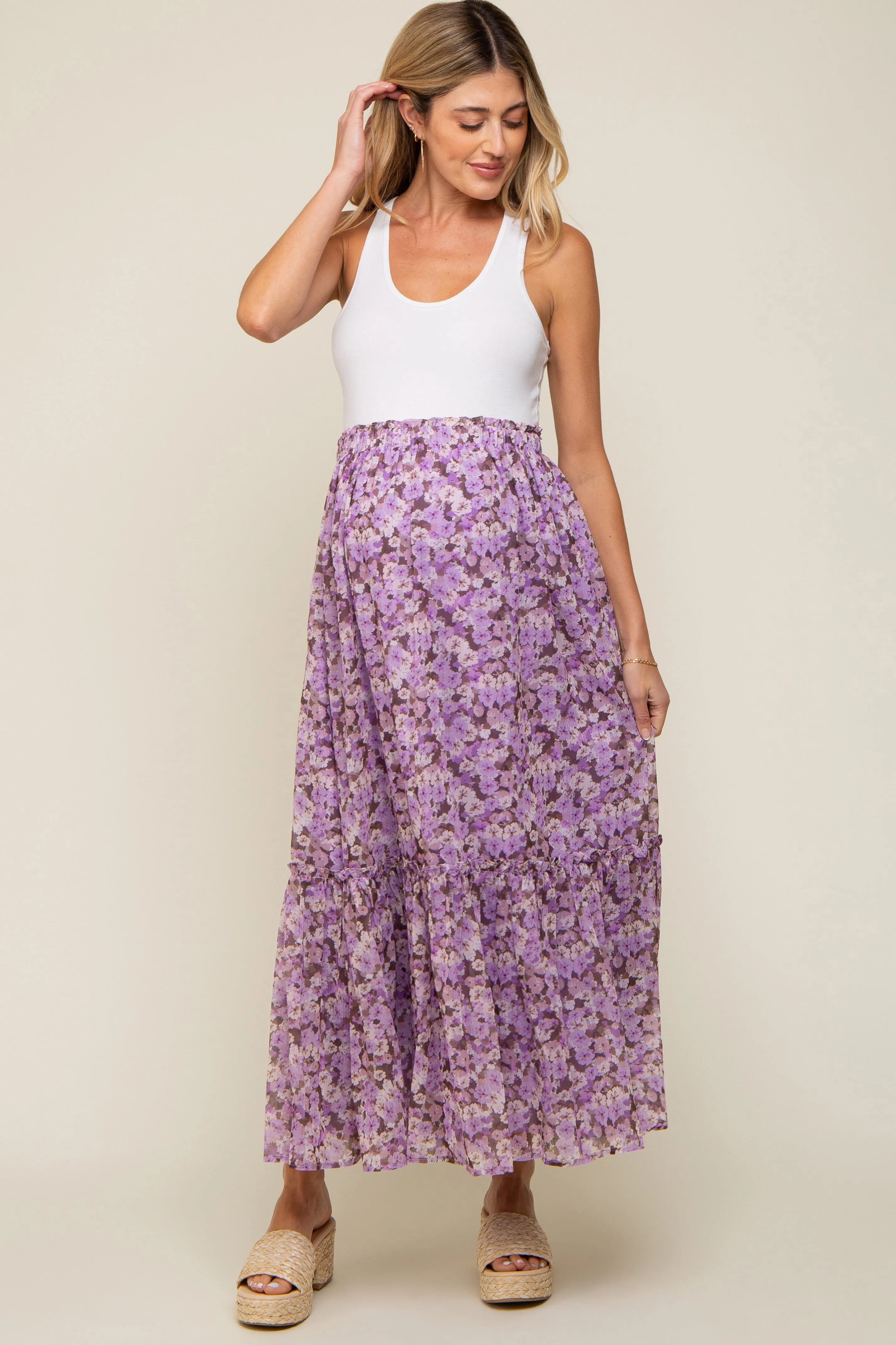 Lavender Smocked Waist Tiered Maternity Maxi Skirt sold by Pinkblush
