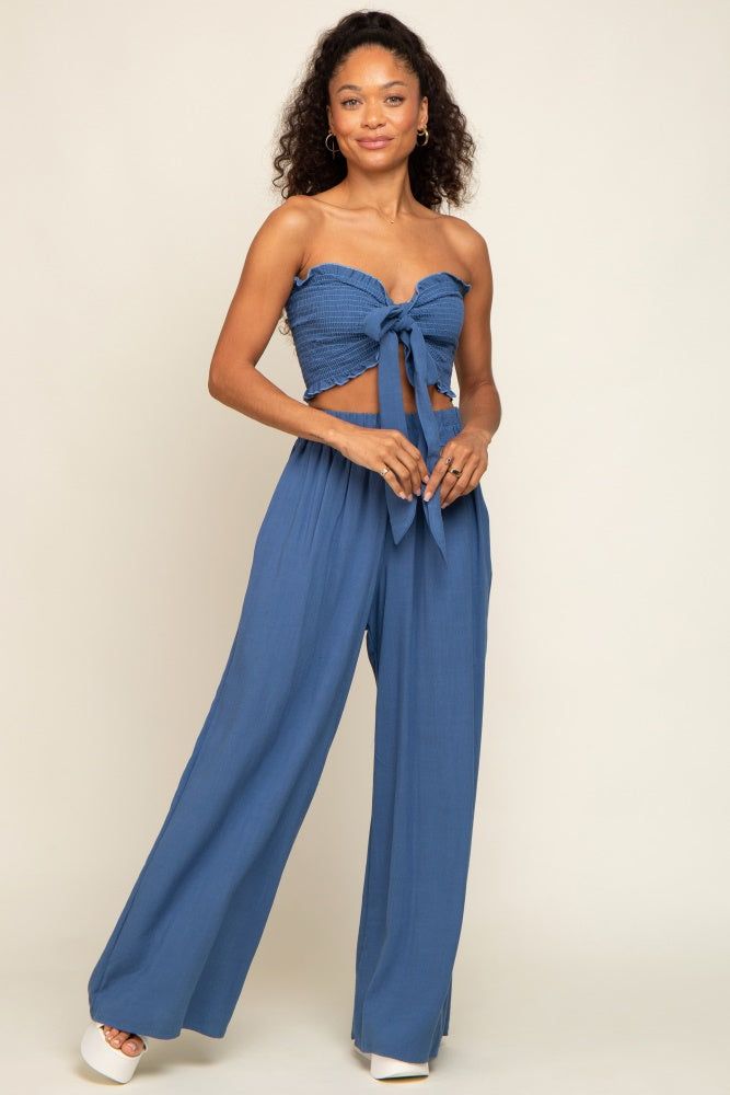 Blue Front Tie Crop Top and Pant Set sold by Pinkblush