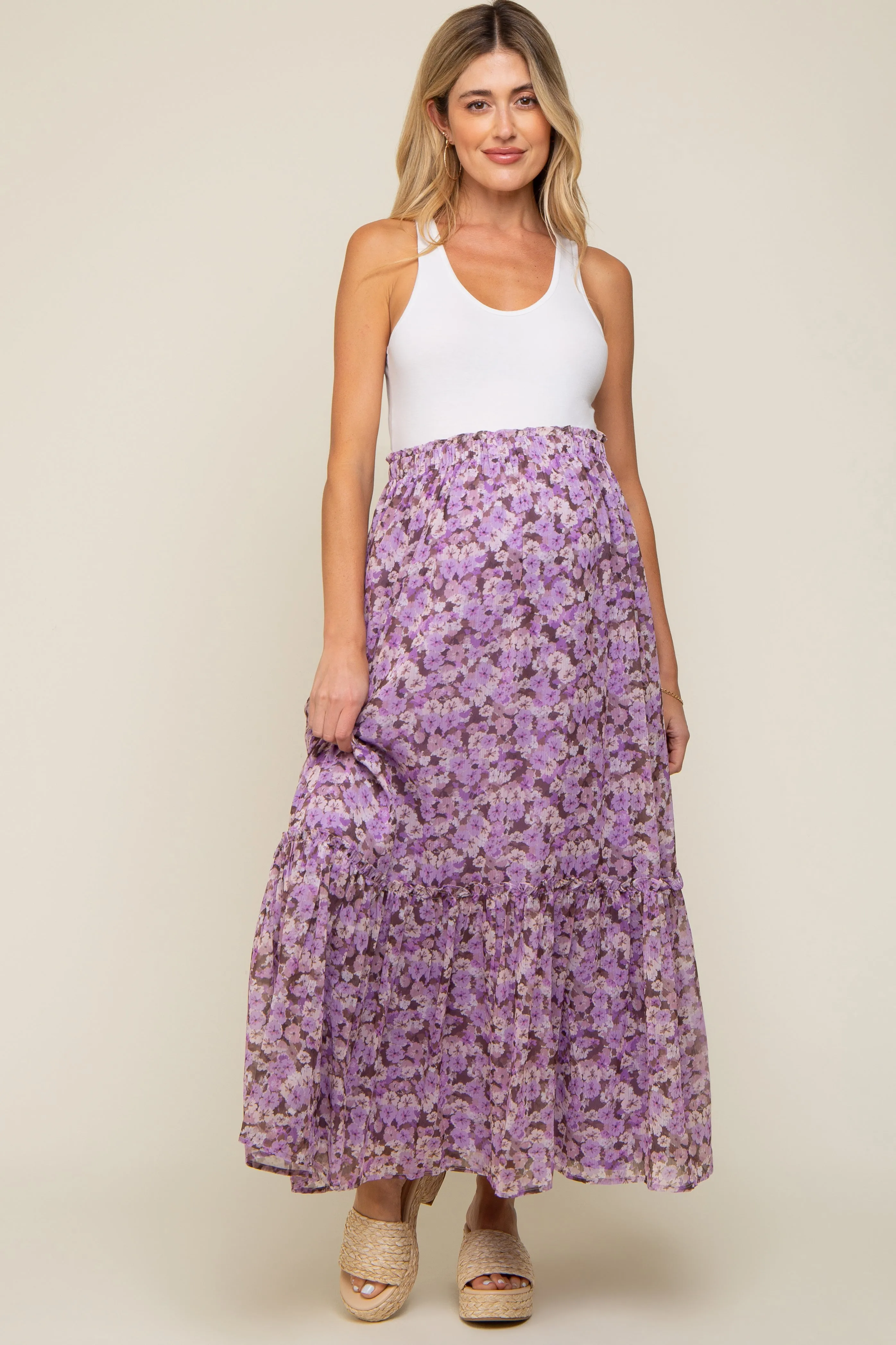 Lavender Smocked Waist Tiered Maternity Maxi Skirt sold by Pinkblush product image thumbnail 5