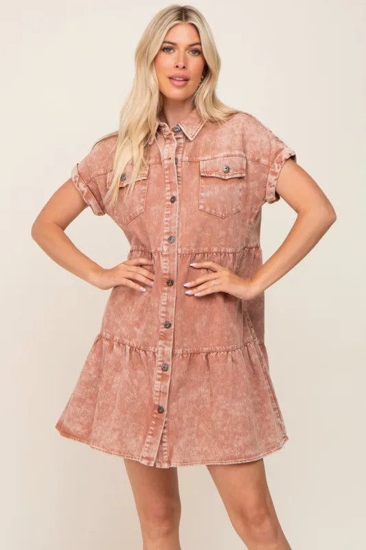 Rust Faded Denim Front Pocket Dress sold by Pinkblush