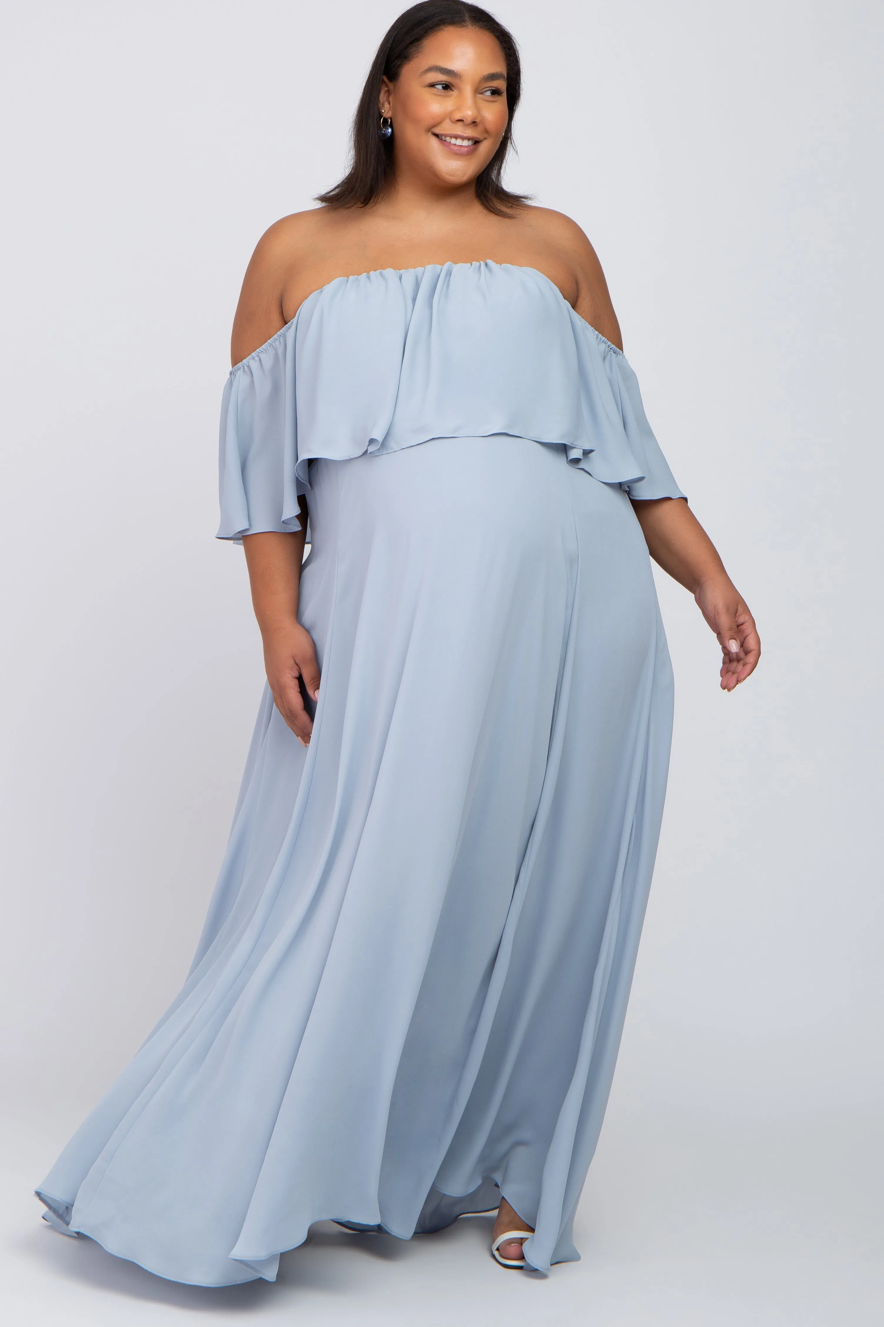 Light Blue Chiffon Off Shoulder Maternity Plus Gown sold by Pinkblush product image thumbnail 4