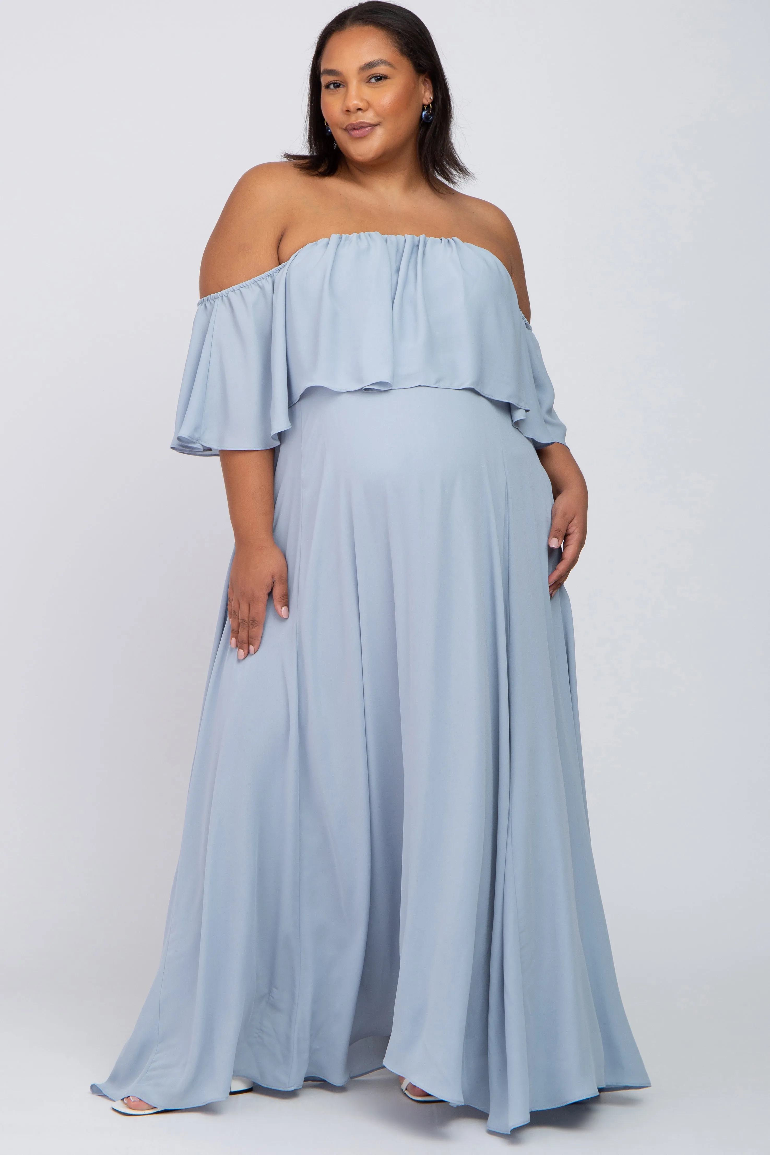 Light Blue Chiffon Off Shoulder Maternity Plus Gown sold by Pinkblush