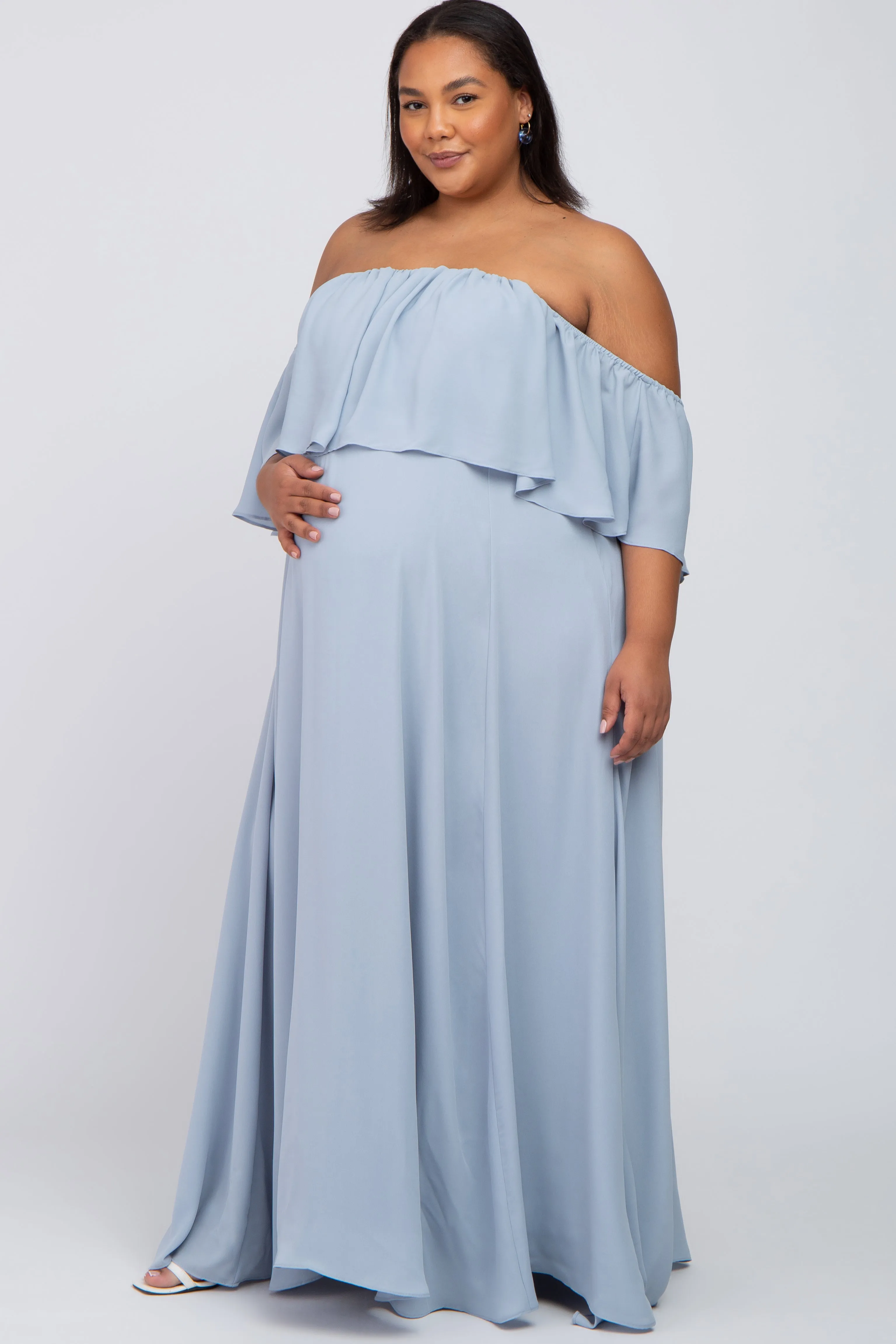 Light Blue Chiffon Off Shoulder Maternity Plus Gown sold by Pinkblush product image thumbnail 2