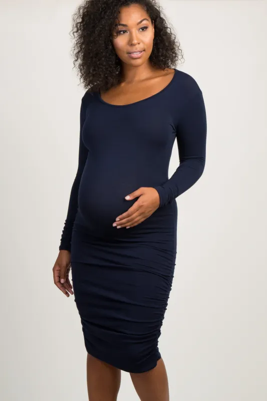 PinkBlush Navy Blue Ruched Long Sleeve Maternity Dress sold by Pinkblush