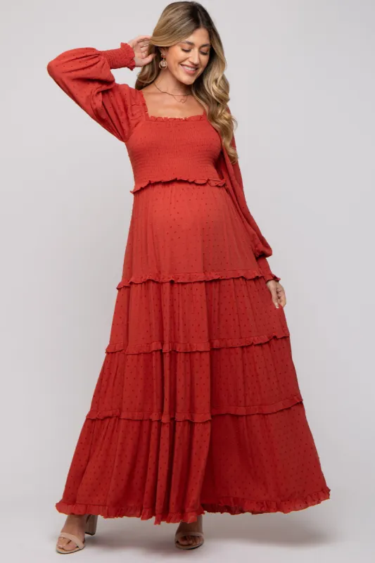 Rust Swiss Dot Ruffle Accent Tiered Maternity Maxi Dress sold by Pinkblush