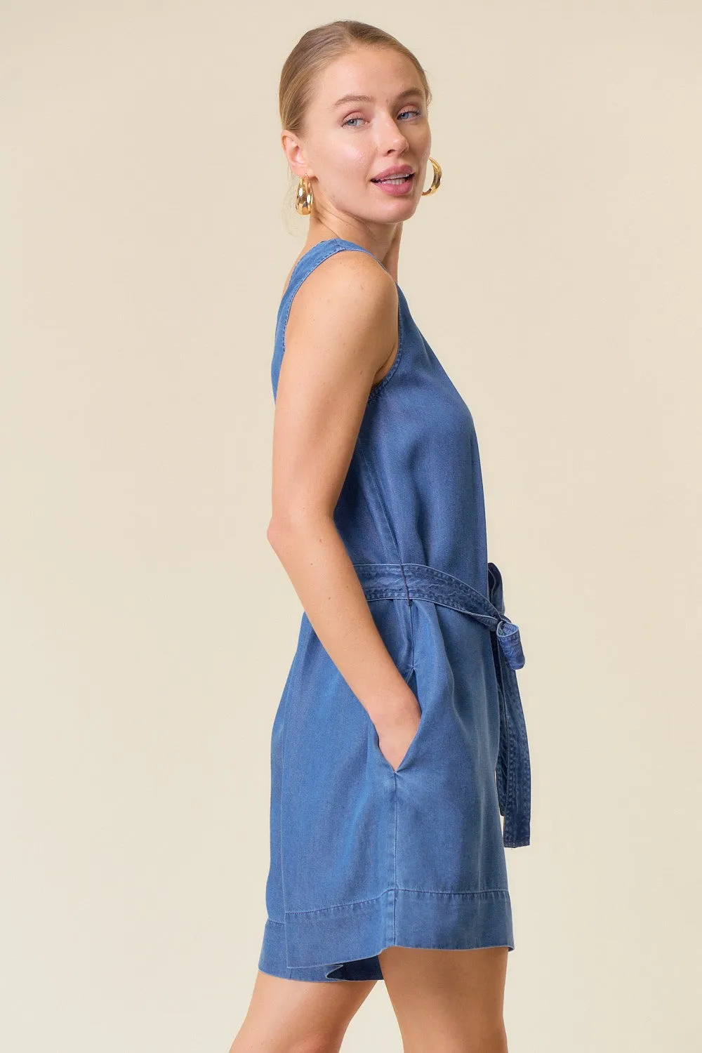 Dark Denim Sleeveless Romper W/ Tie Belt sold by Pinkblush product image thumbnail 2