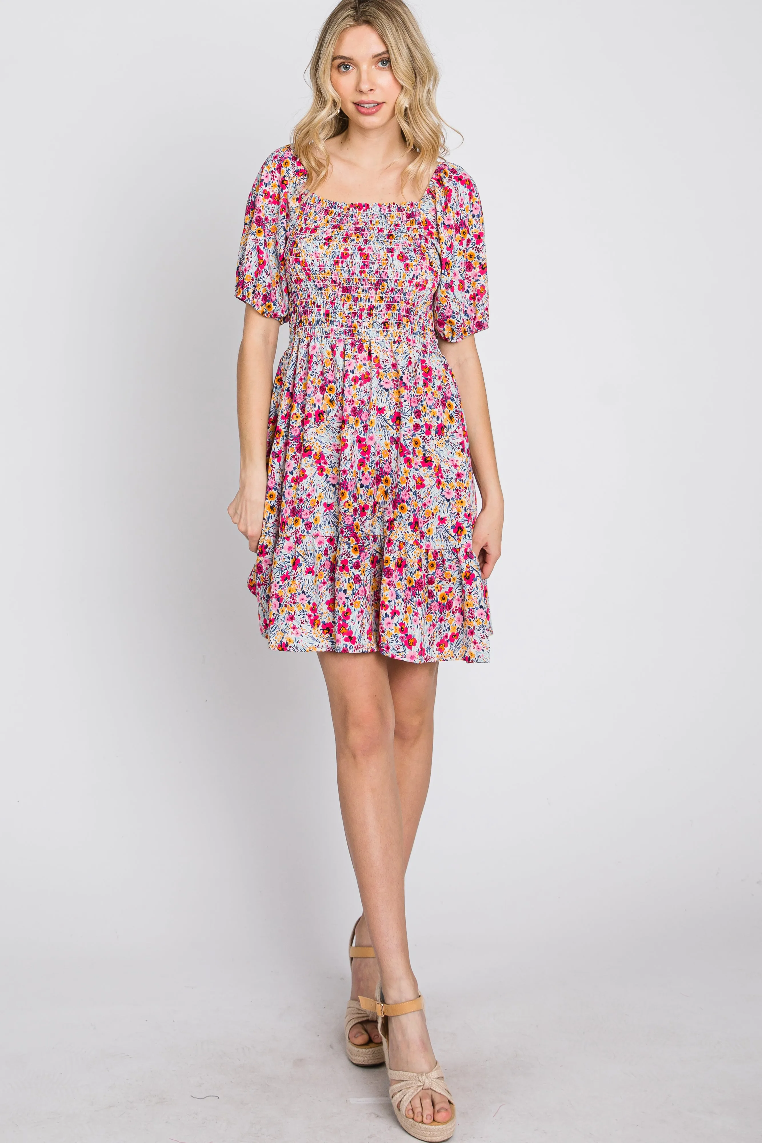 Fuchsia Floral Smocked Mini Dress sold by Pinkblush product image thumbnail 2