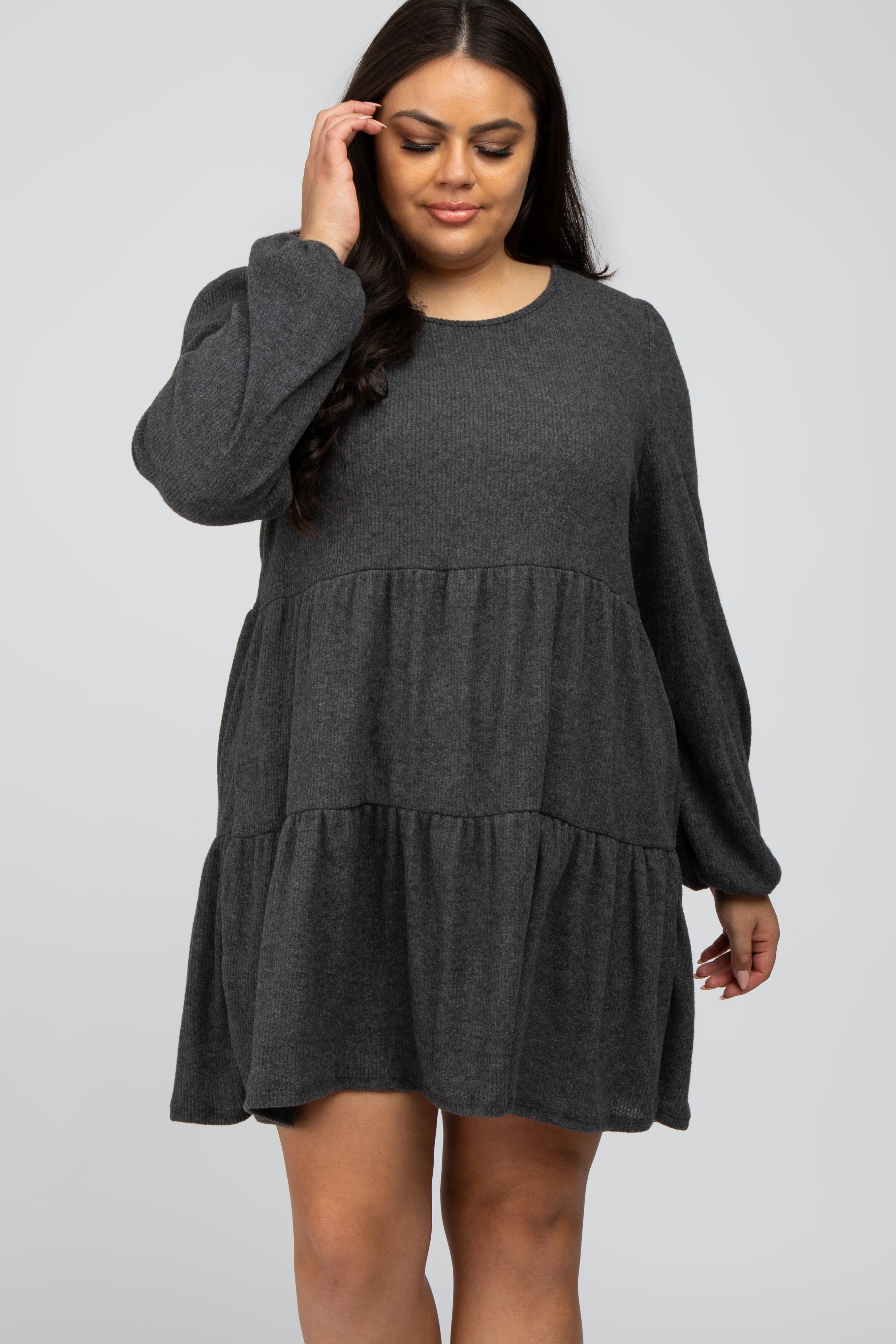 Charcoal Brushed Knit Tiered Plus Dress sold by Pinkblush product image thumbnail 2
