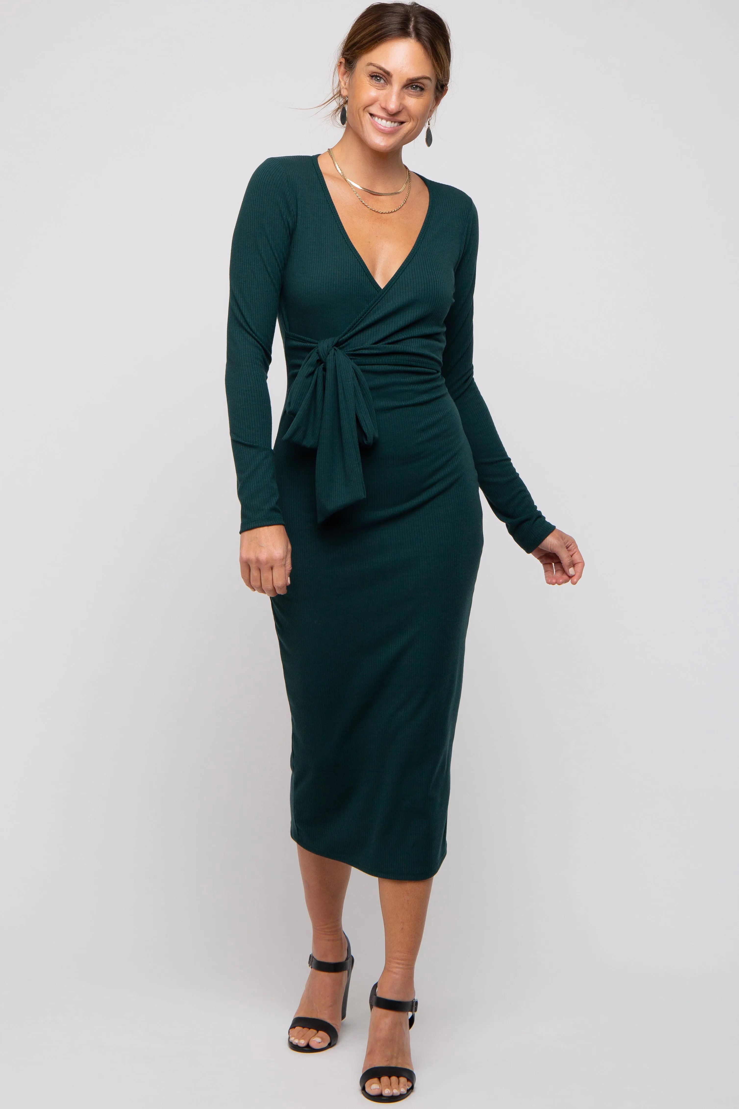 Forest Green Ribbed Long Sleeve Wrap Dress sold by Pinkblush product image thumbnail 4