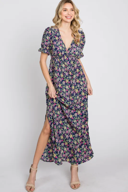 Navy Blue Floral Side Slit Maxi Dress sold by Pinkblush