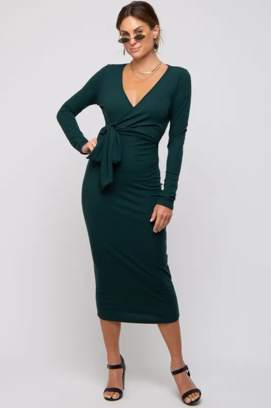 Forest Green Ribbed Long Sleeve Wrap Dress sold by Pinkblush