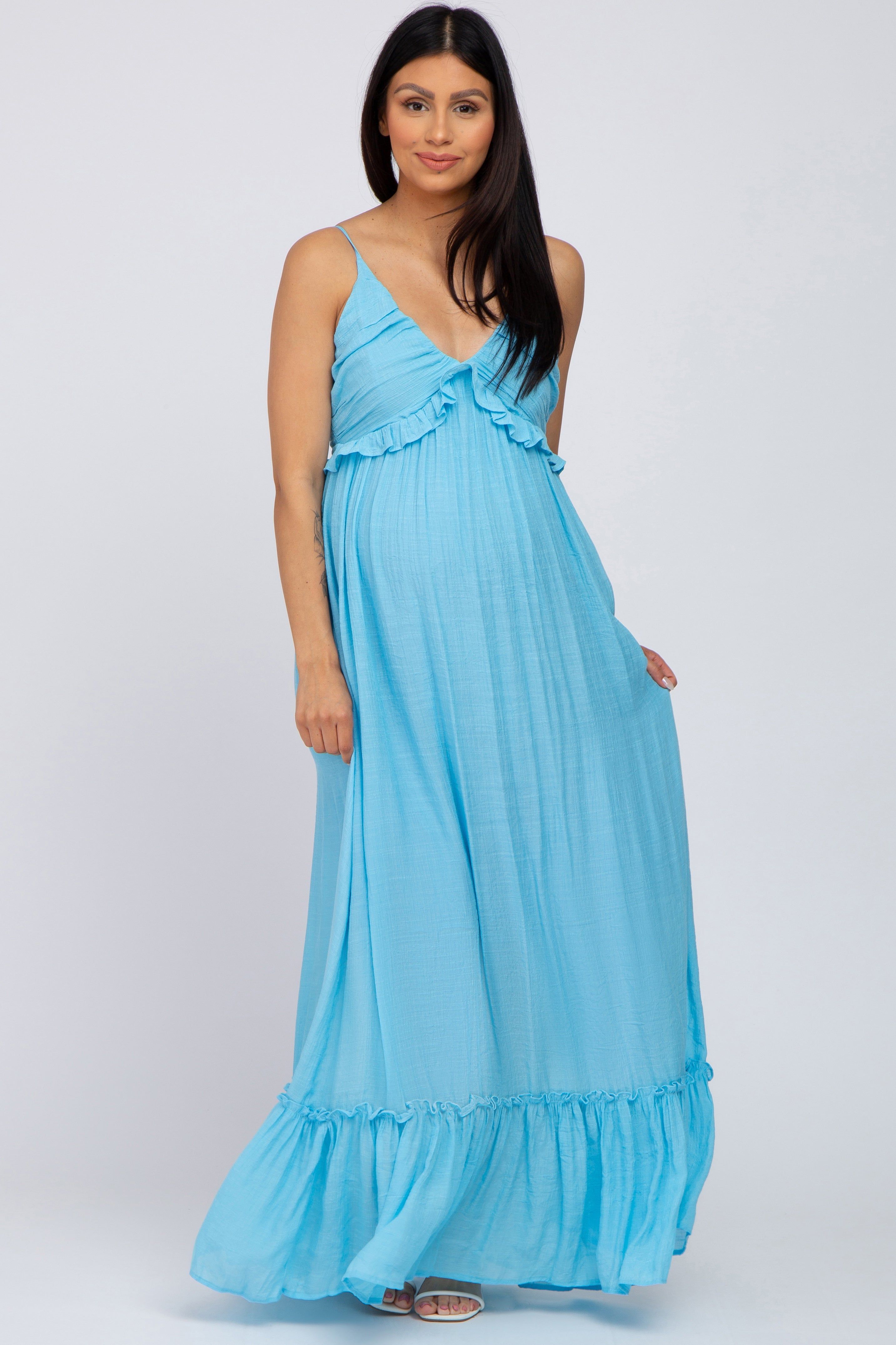 Light Blue Sleeveless Ruffle V-Neck Maternity Maxi Dress sold by Pinkblush