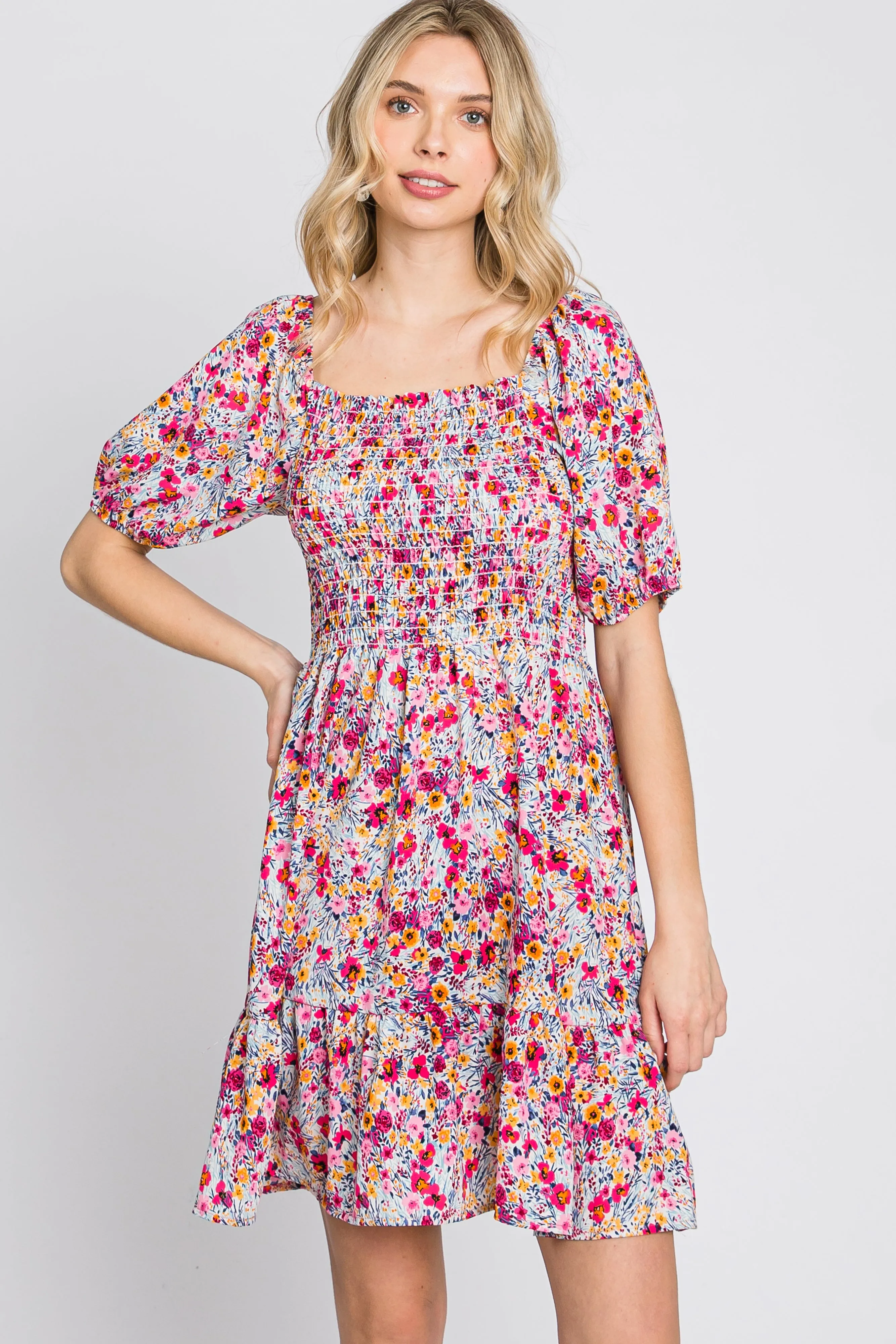 Fuchsia Floral Smocked Mini Dress sold by Pinkblush product image thumbnail 3