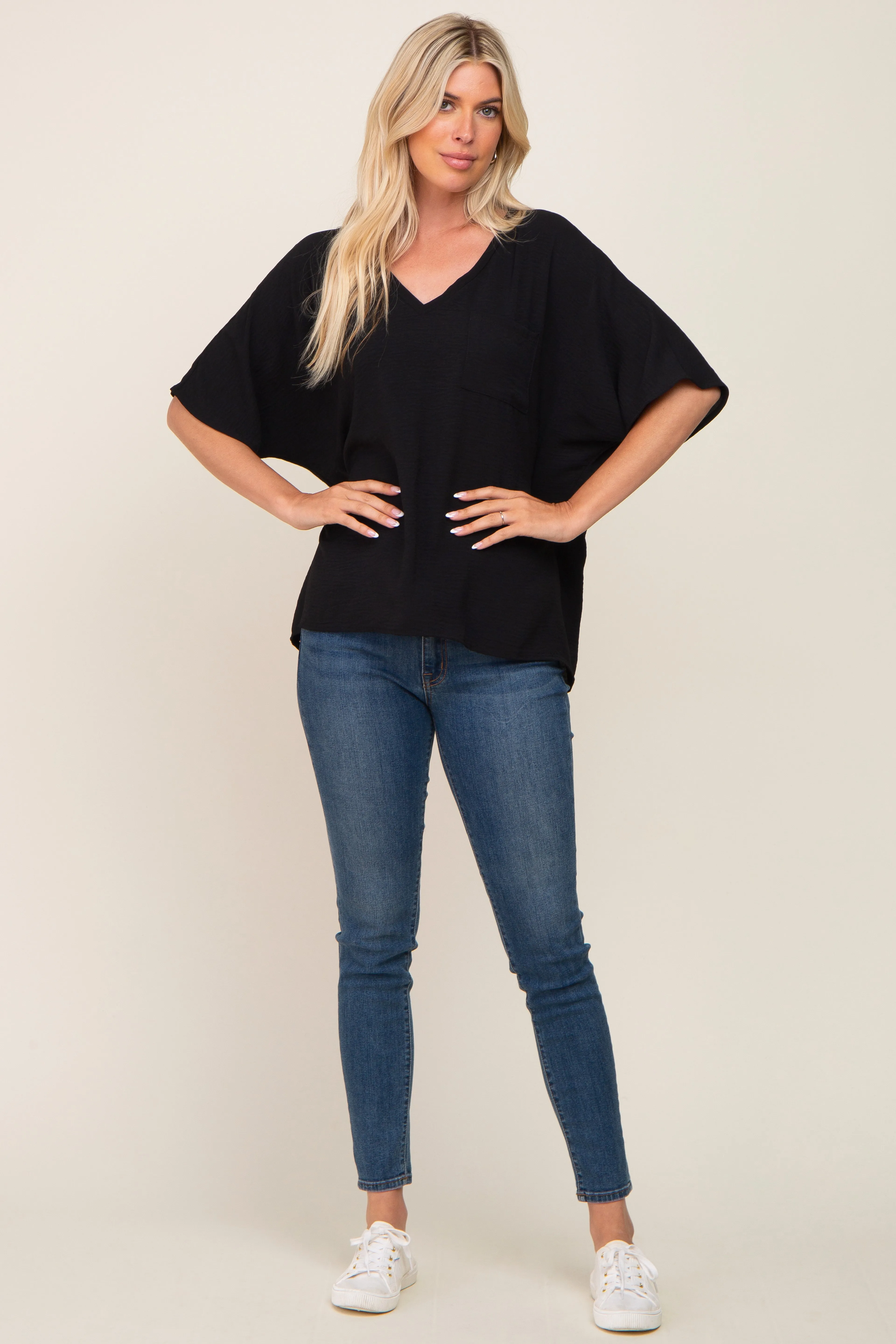 Black Oversized V-Neck Pocket Front Blouse sold by Pinkblush product image thumbnail 4