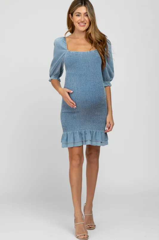 Light Blue Square Neck Smocked Denim Maternity Dress sold by Pinkblush