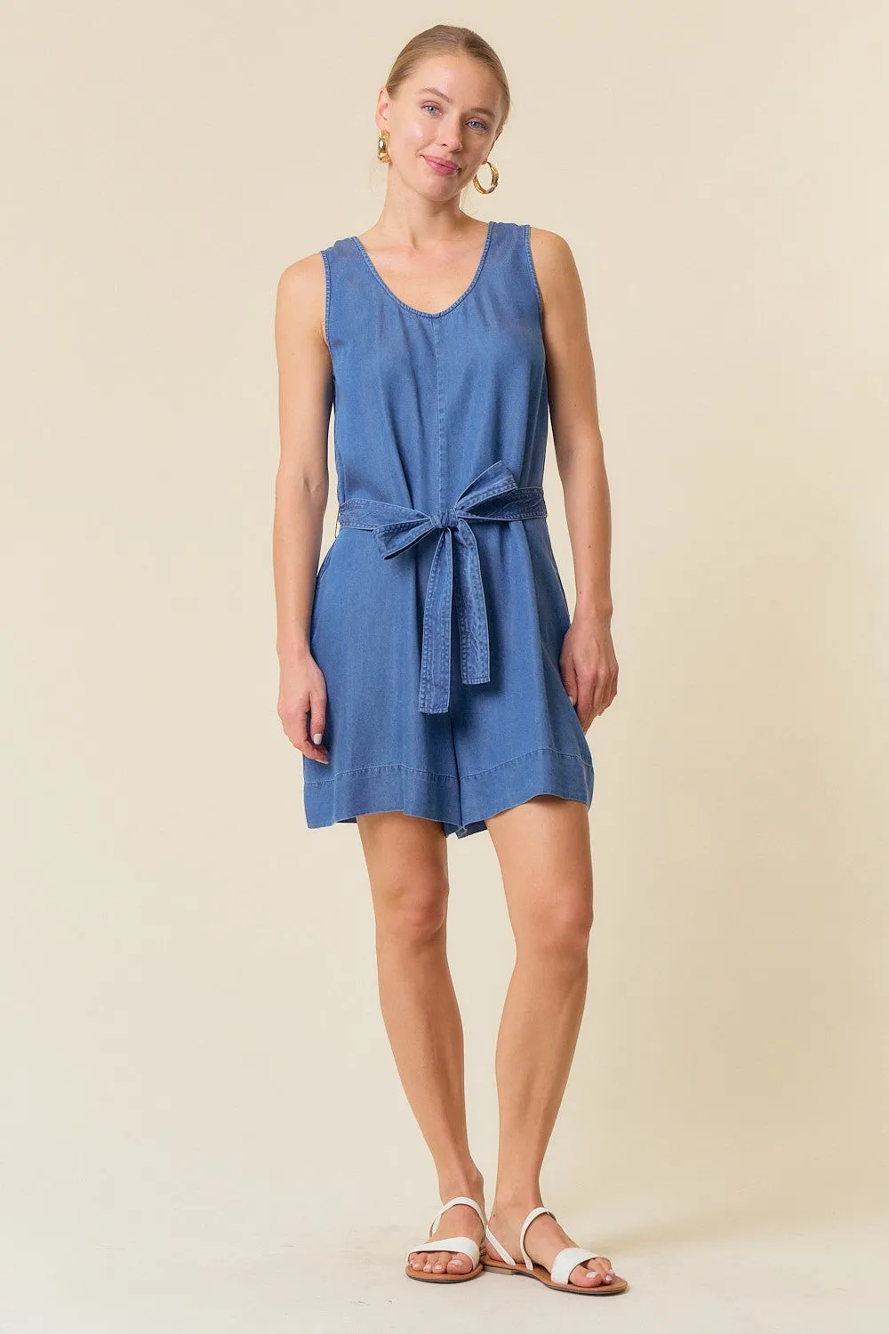 Dark Denim Sleeveless Romper W/ Tie Belt sold by Pinkblush product image thumbnail 4