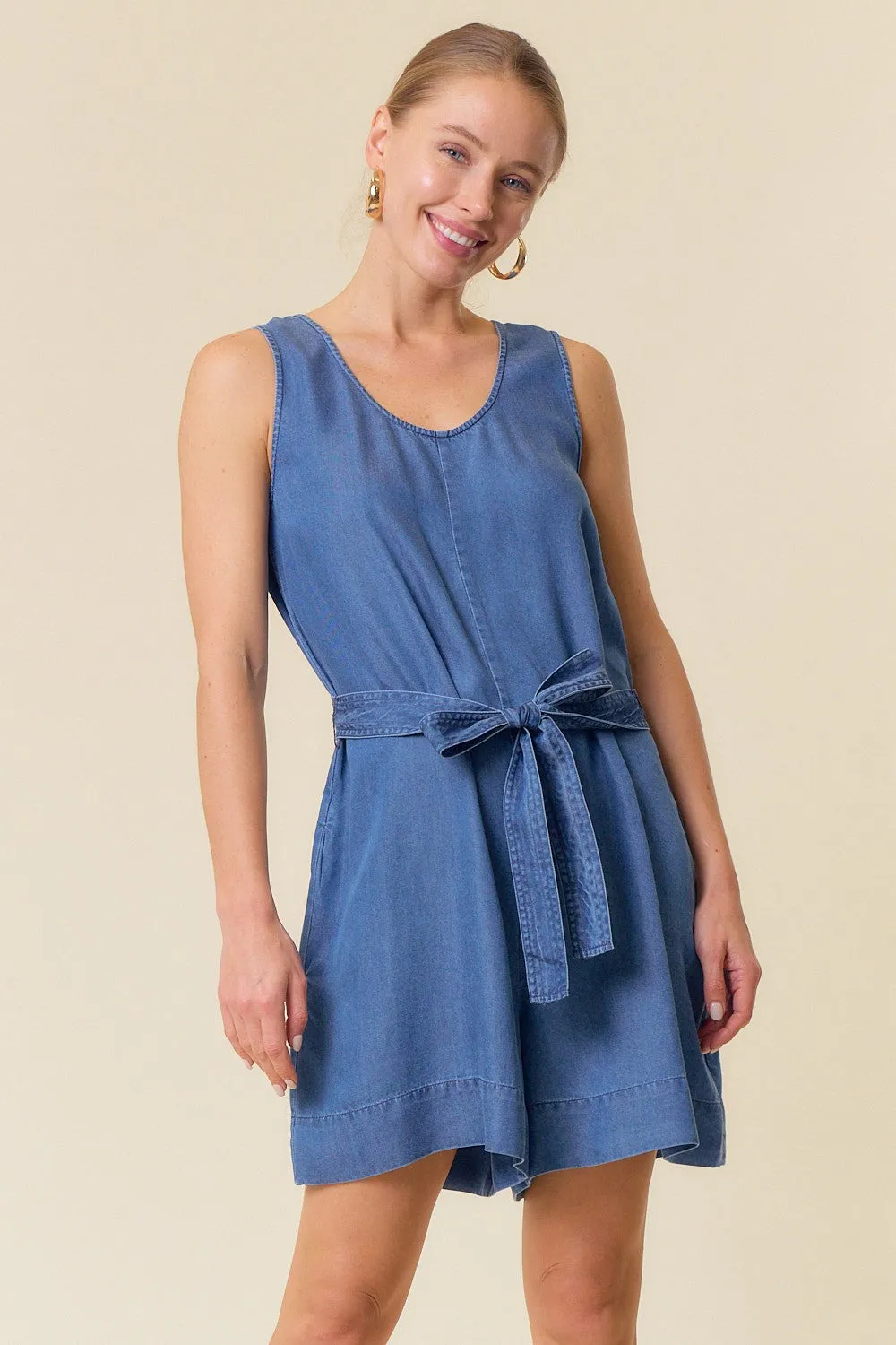 Dark Denim Sleeveless Romper W/ Tie Belt sold by Pinkblush