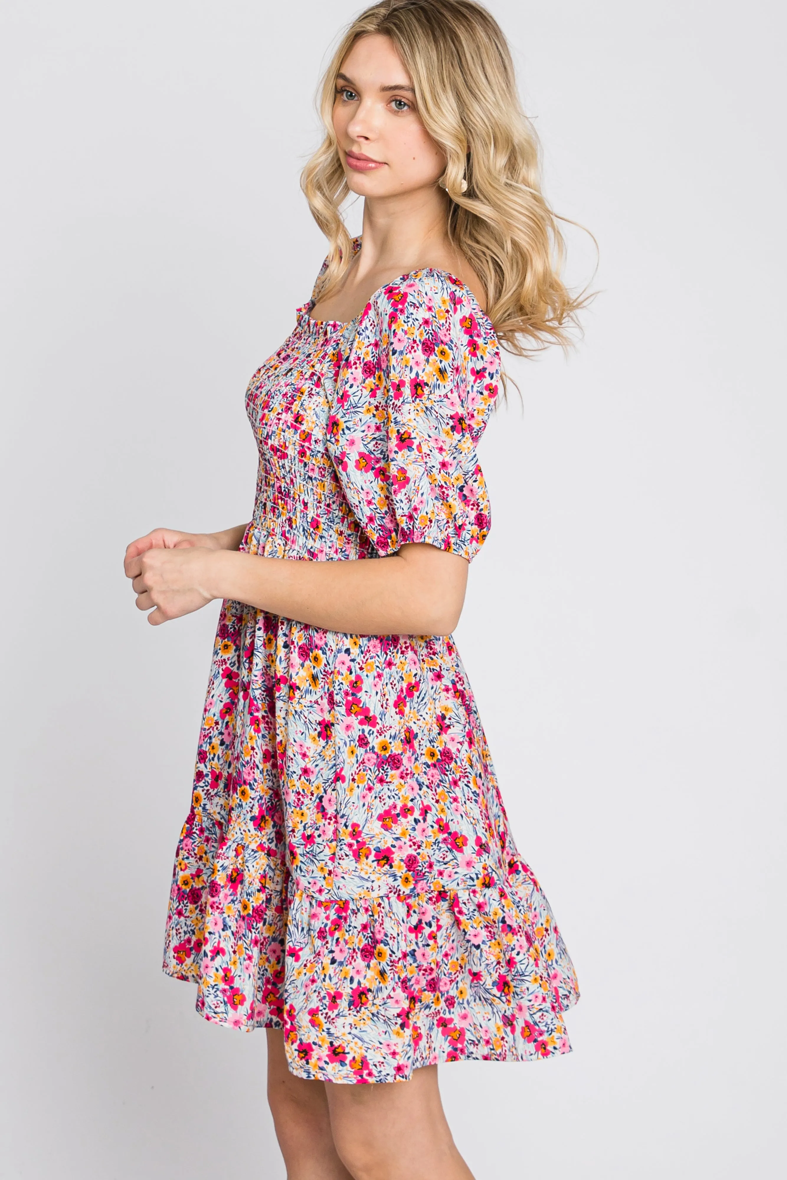 Fuchsia Floral Smocked Mini Dress sold by Pinkblush product image thumbnail 4