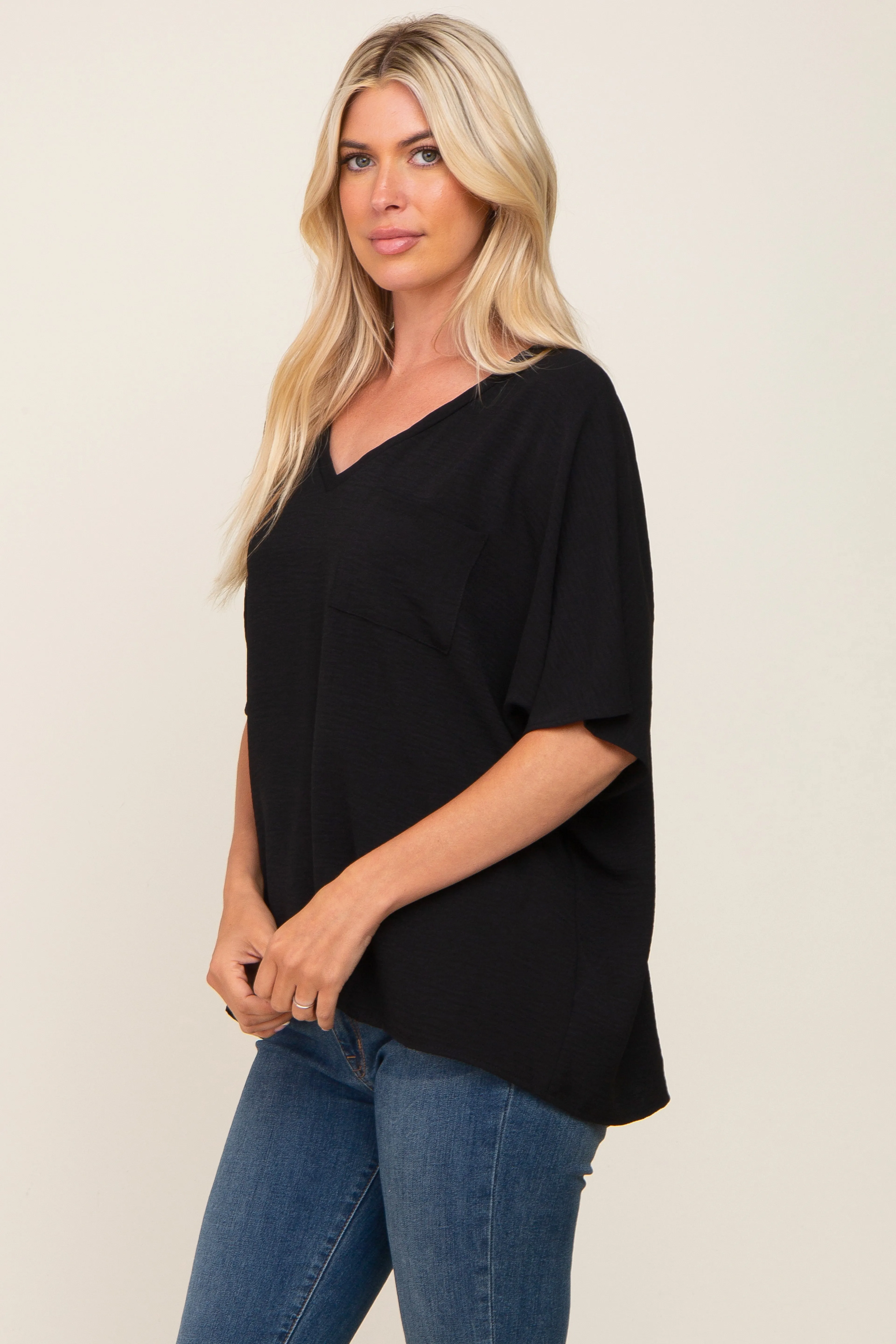 Black Oversized V-Neck Pocket Front Blouse sold by Pinkblush product image thumbnail 2
