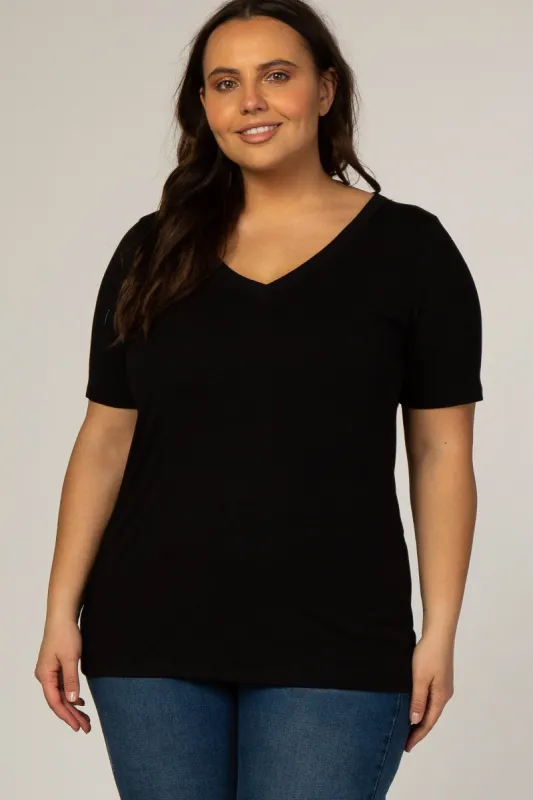 Black Short Sleeve V-Neck Basic Plus Top sold by Pinkblush