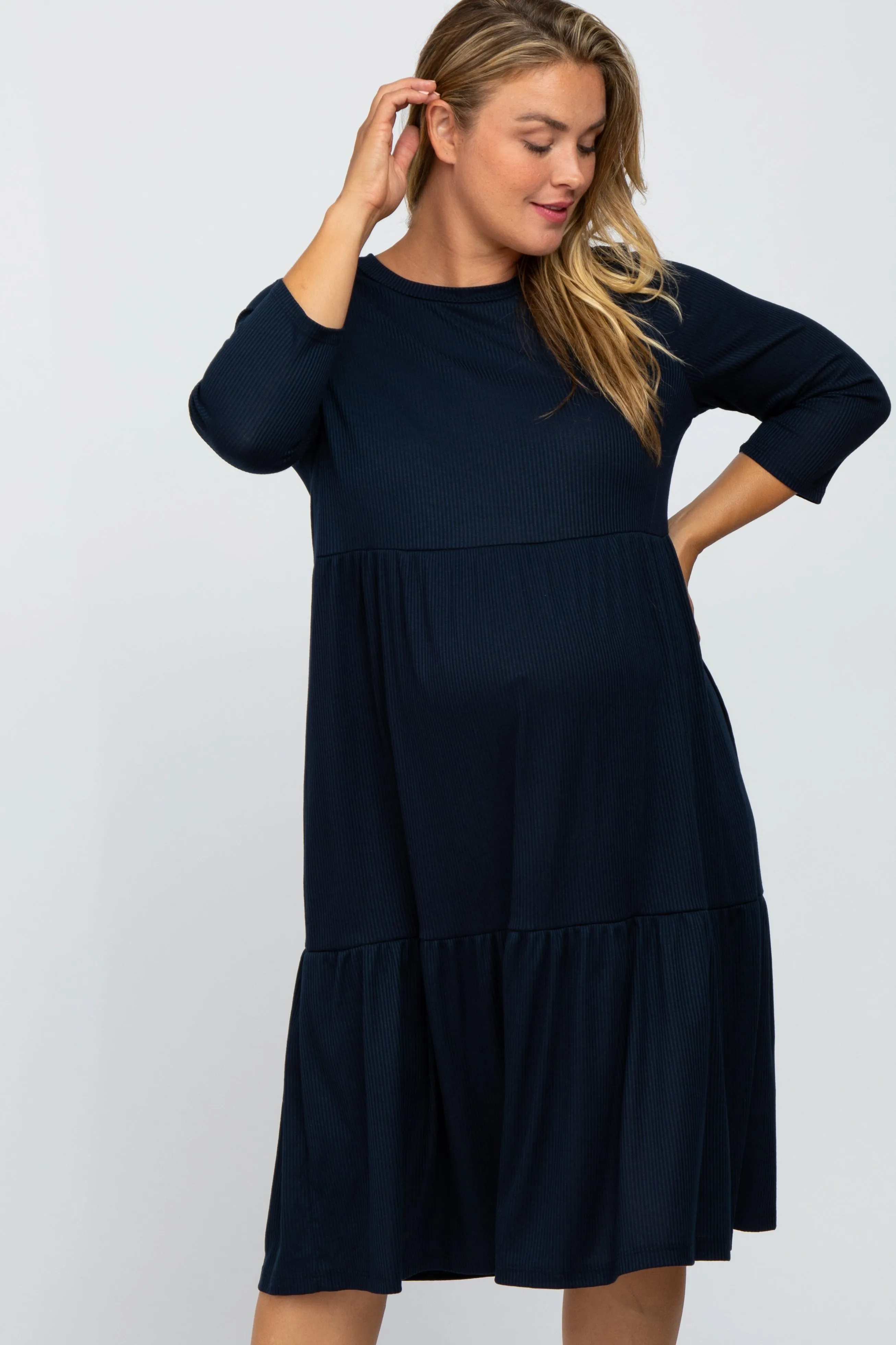 Navy Tiered Ribbed 3/4 Sleeve Plus Maternity Midi Dress sold by Pinkblush product image thumbnail 2