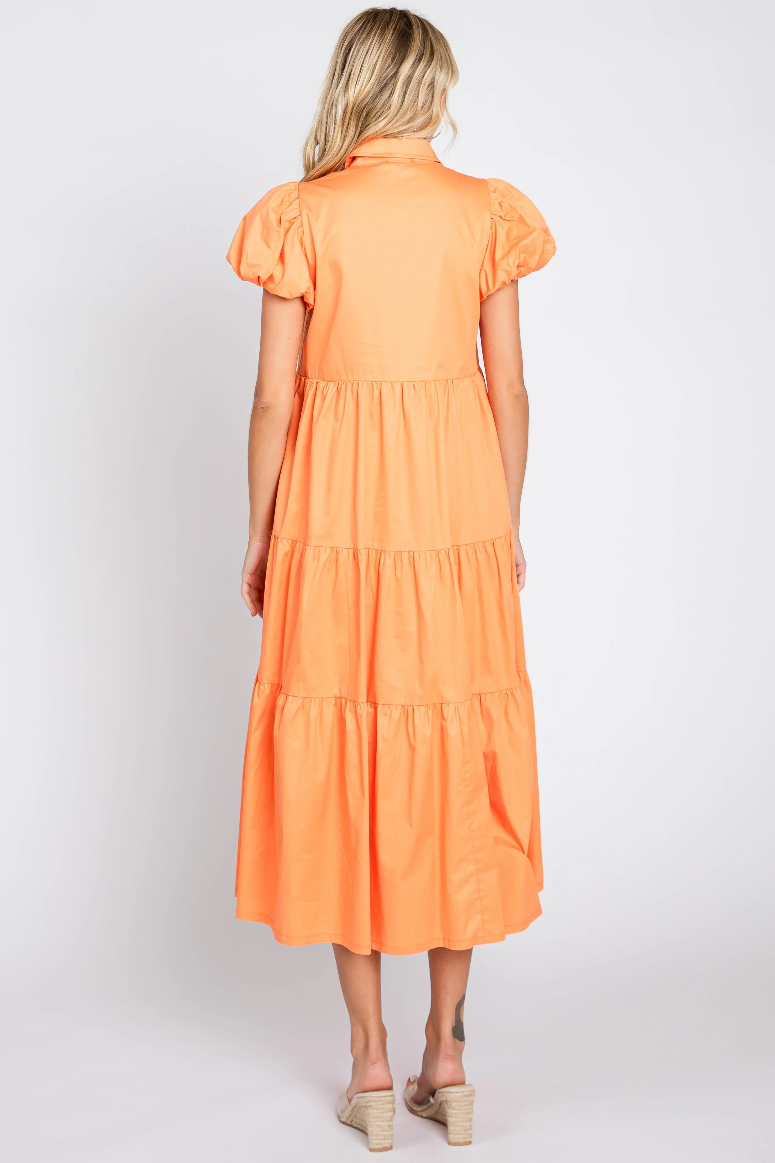 Orange Puff Sleeve Button Down Midi Dress sold by Pinkblush product image thumbnail 3