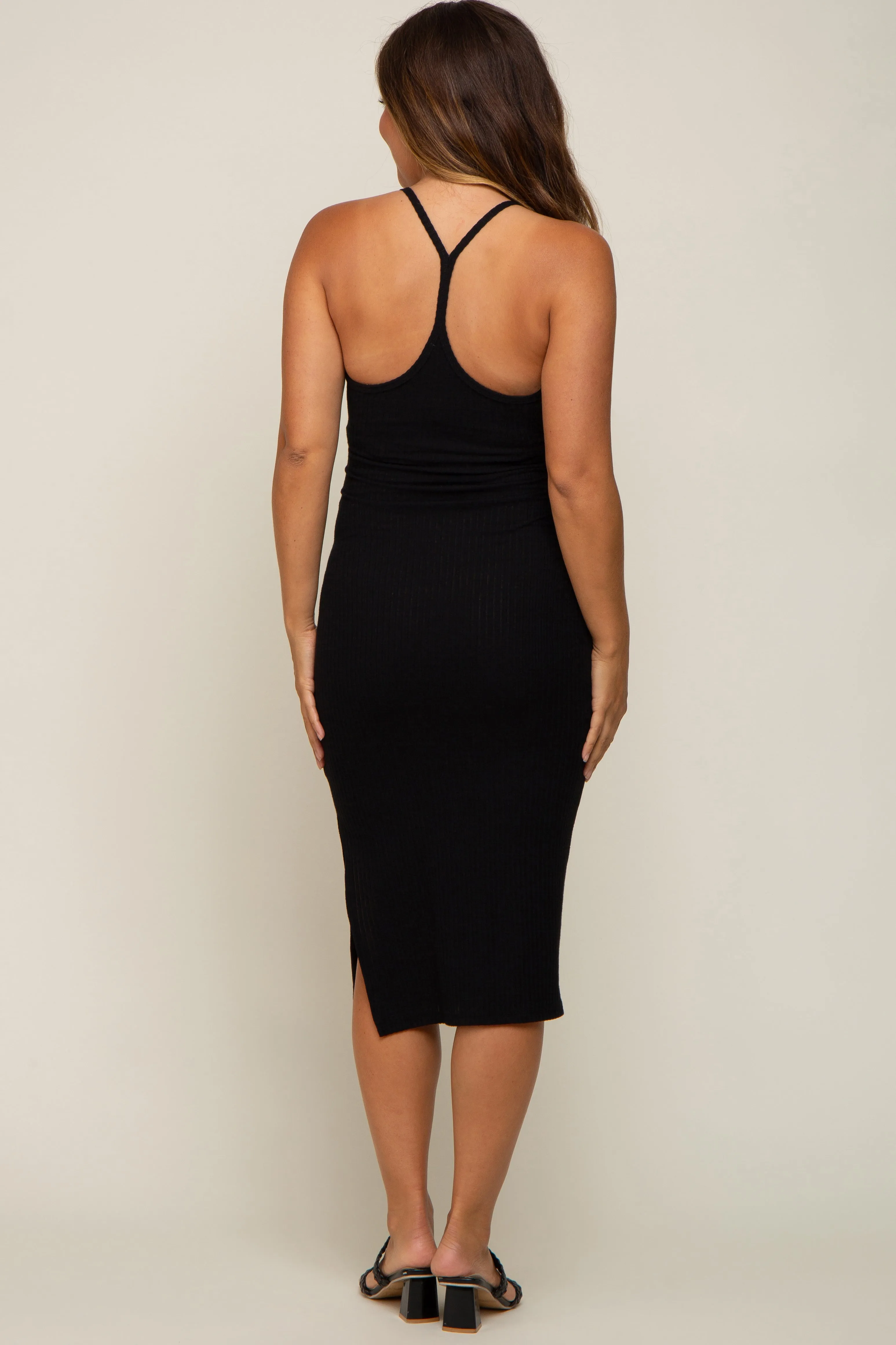Black Sleeveless Ribbed Slit Maternity Midi Dress sold by Pinkblush product image thumbnail 3