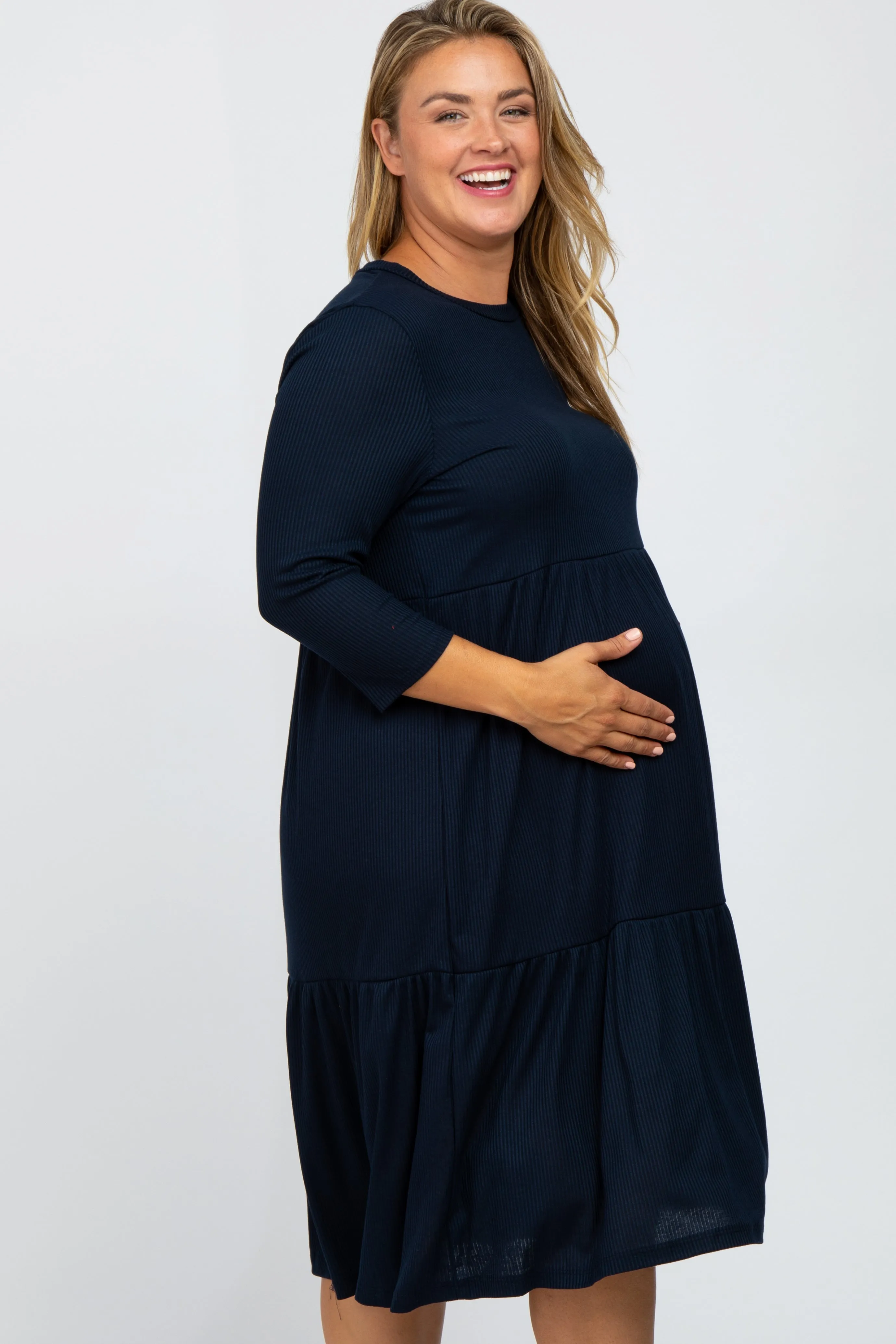 Navy Tiered Ribbed 3/4 Sleeve Plus Maternity Midi Dress sold by Pinkblush product image thumbnail 3