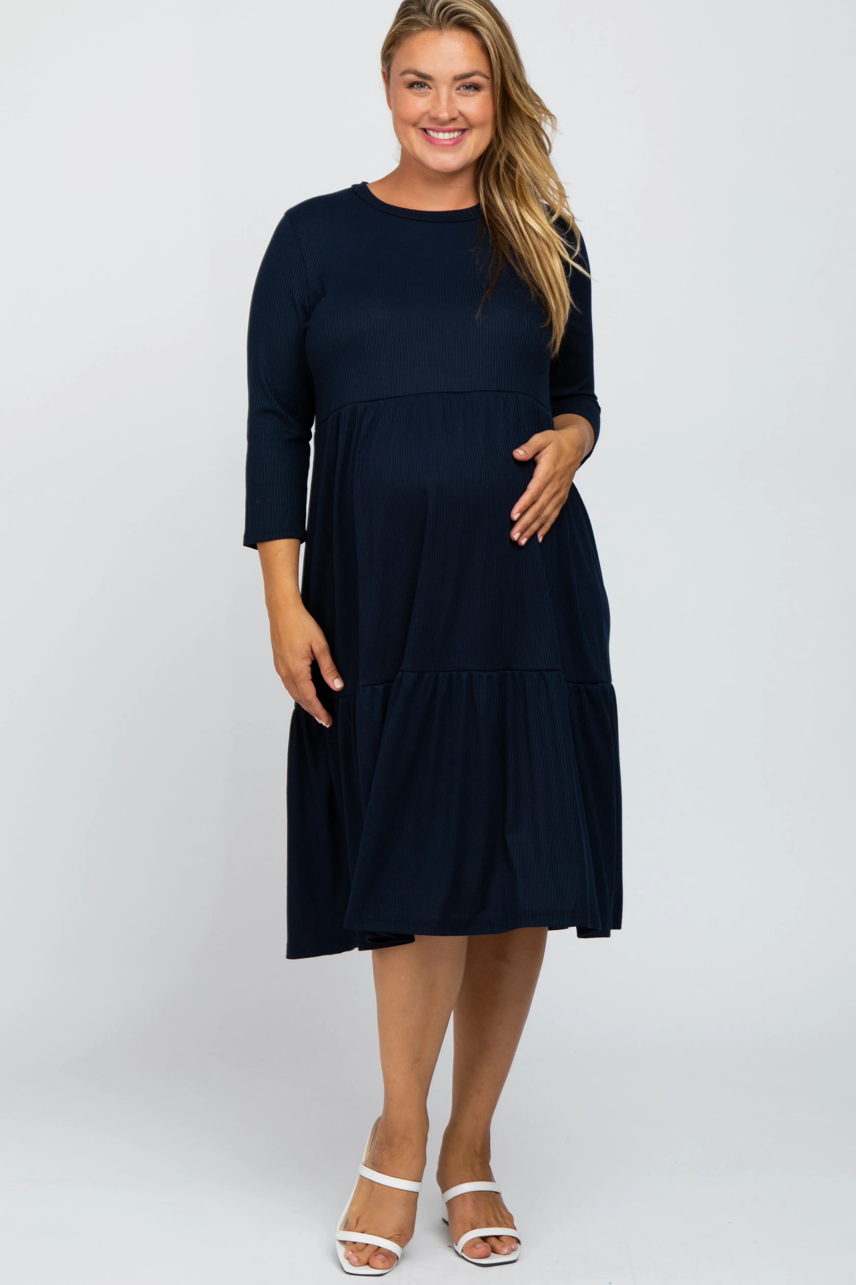 Navy Tiered Ribbed 3/4 Sleeve Plus Maternity Midi Dress sold by Pinkblush