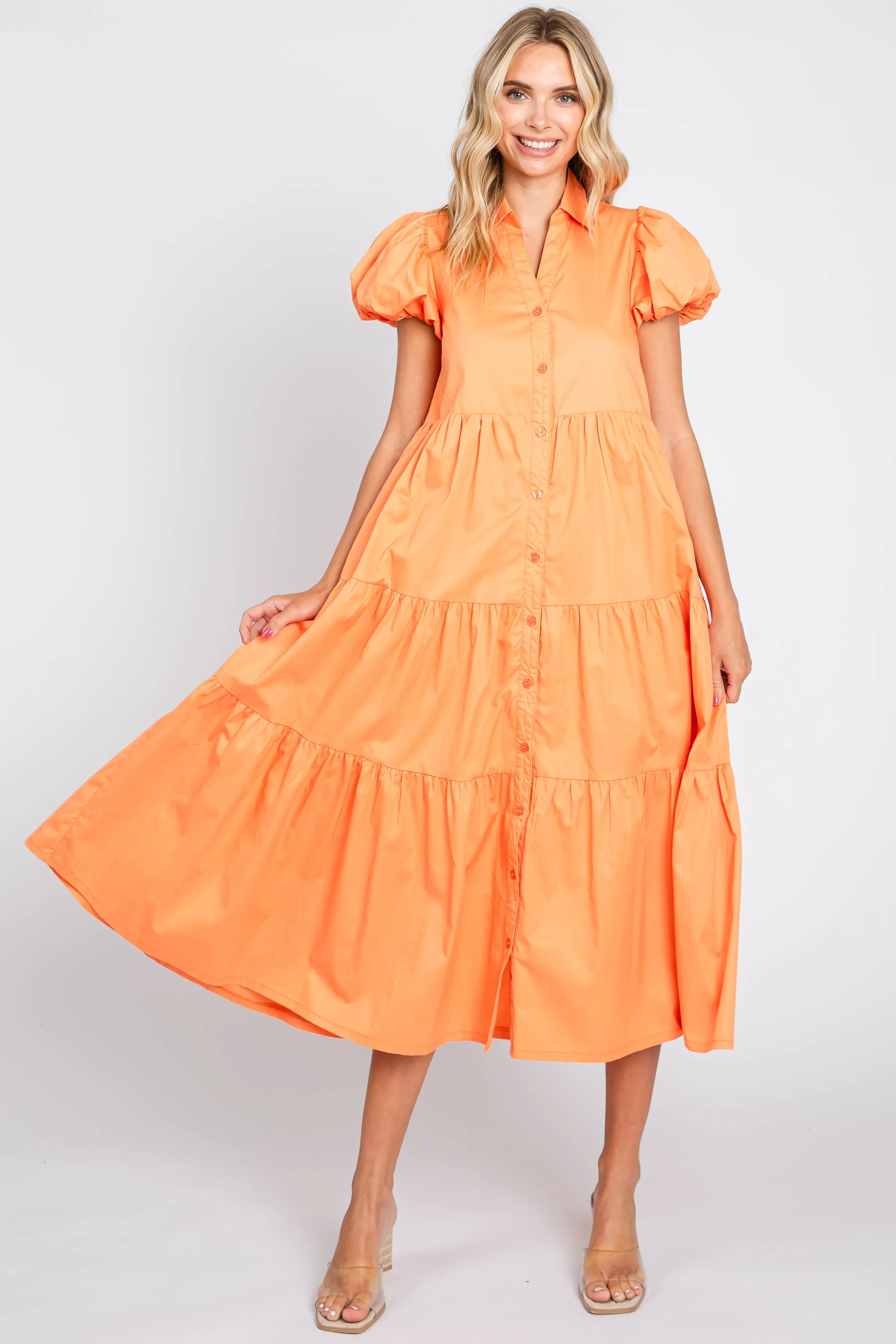 Orange Puff Sleeve Button Down Midi Dress sold by Pinkblush