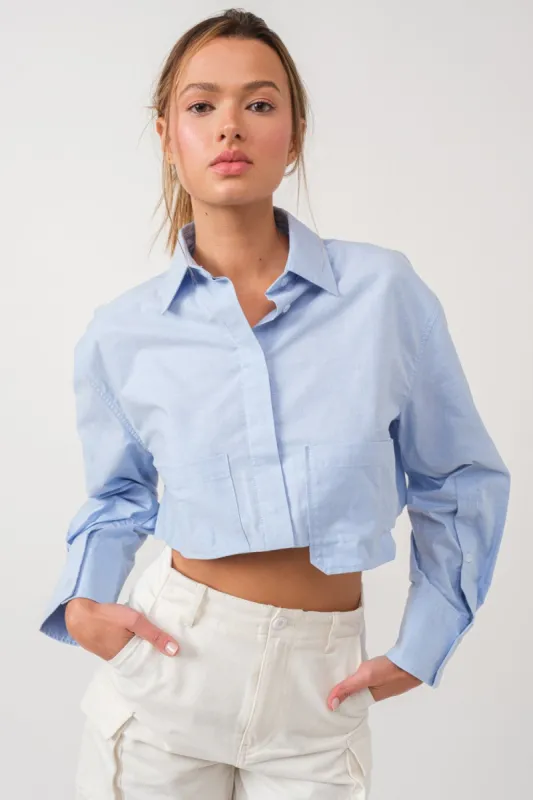 Blue Pocket Detailed Cropped Shirt sold by Pinkblush