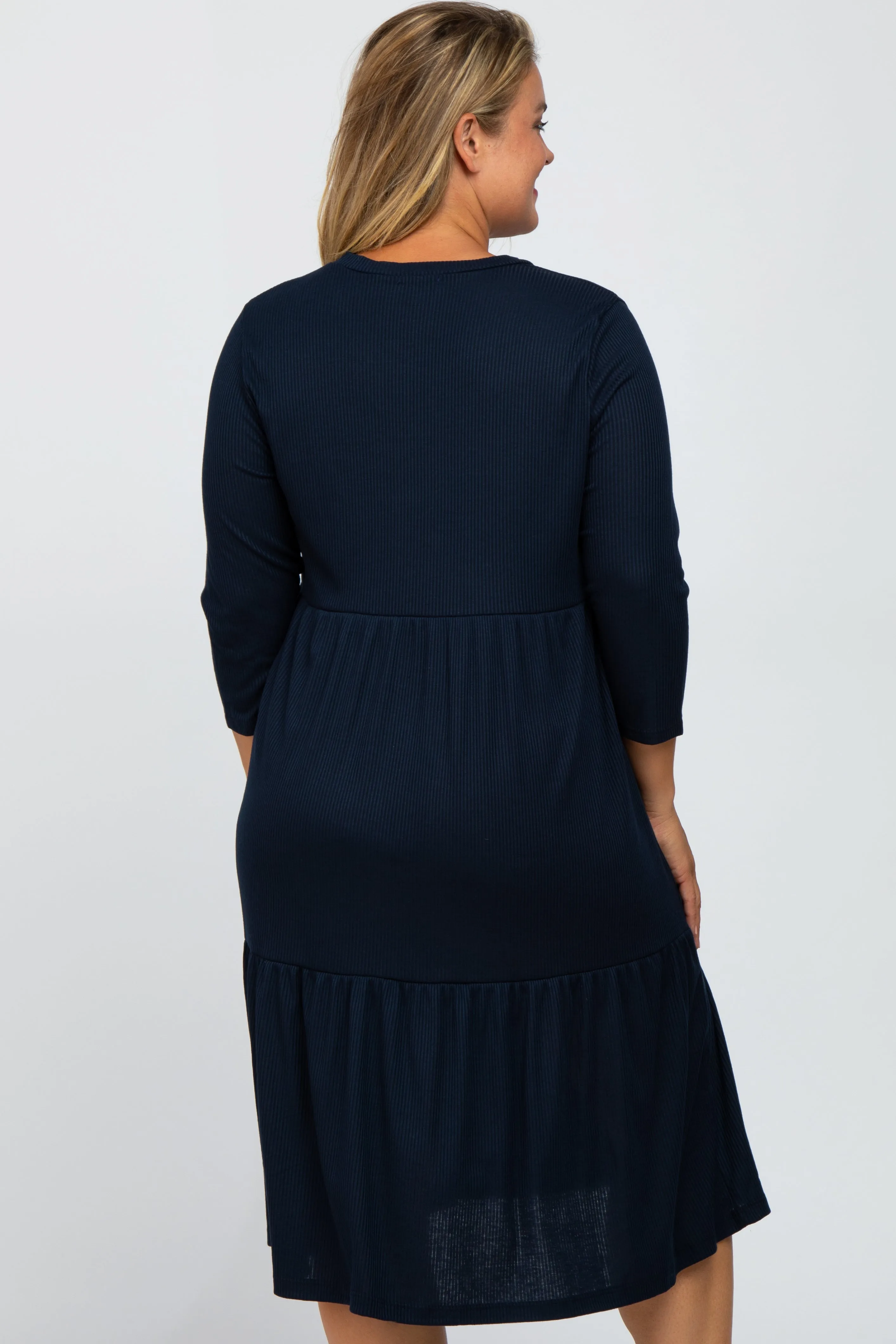 Navy Tiered Ribbed 3/4 Sleeve Plus Maternity Midi Dress sold by Pinkblush product image thumbnail 4