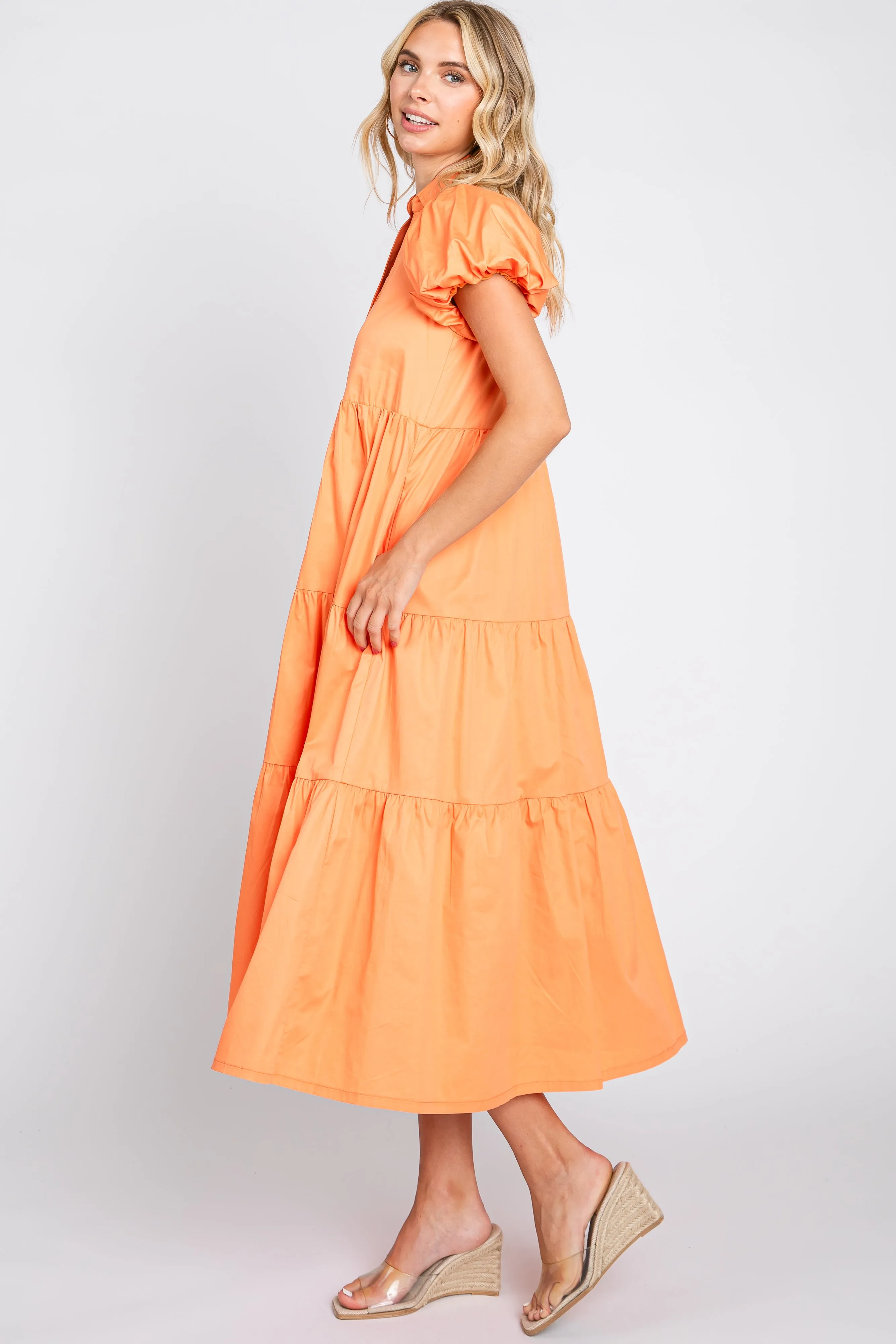 Orange Puff Sleeve Button Down Midi Dress sold by Pinkblush product image thumbnail 2