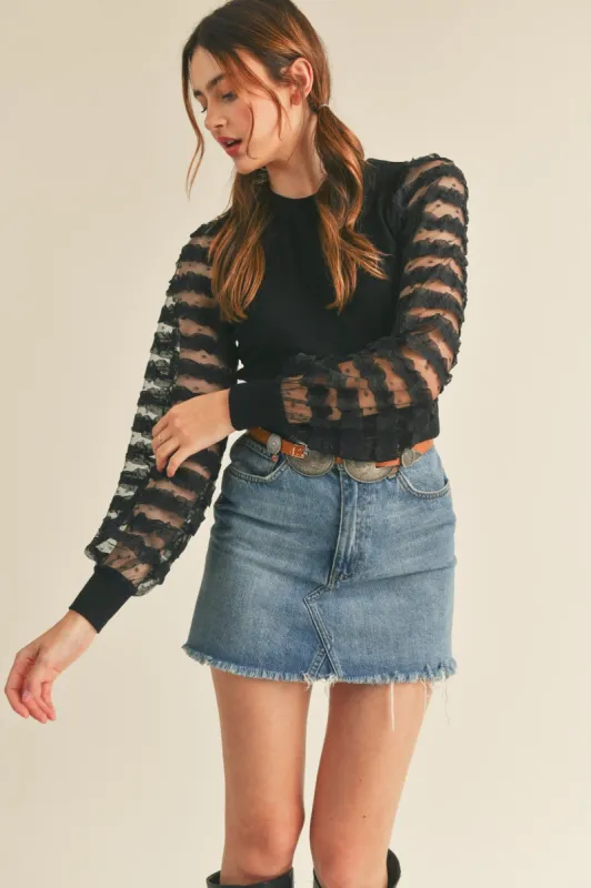 Black Ribbed Top With Contrast Sheer Sleeves sold by Pinkblush