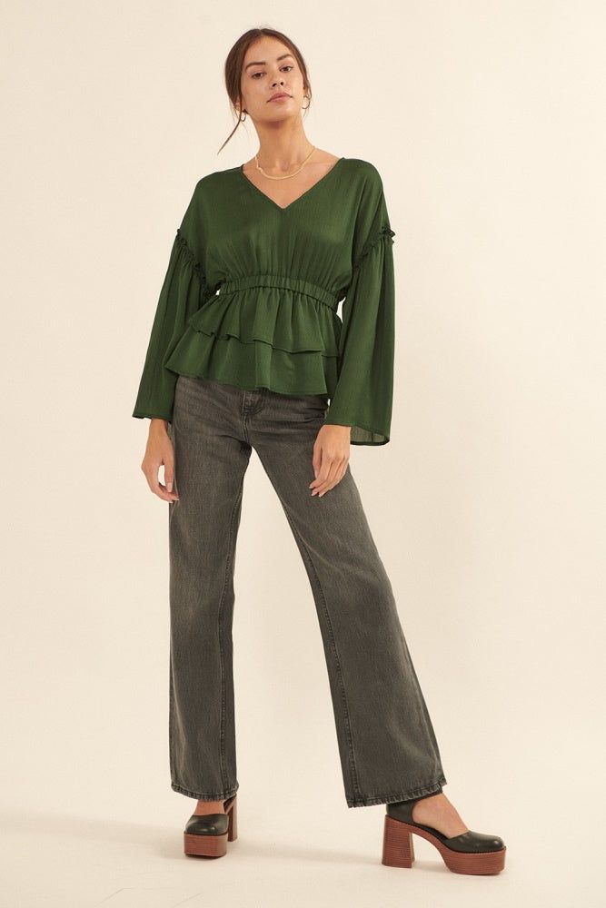 Hunter Green Solid V Neck Long Sleeve Tiered Peplum Blouse sold by Pinkblush product image thumbnail 4