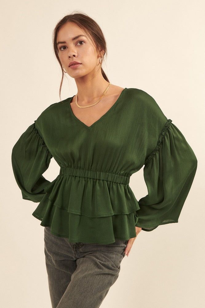 Hunter Green Solid V Neck Long Sleeve Tiered Peplum Blouse sold by Pinkblush