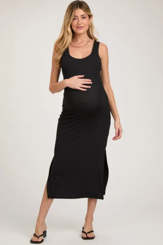 Black Sleeveless Double Slit Maternity Midi Dress sold by Pinkblush
