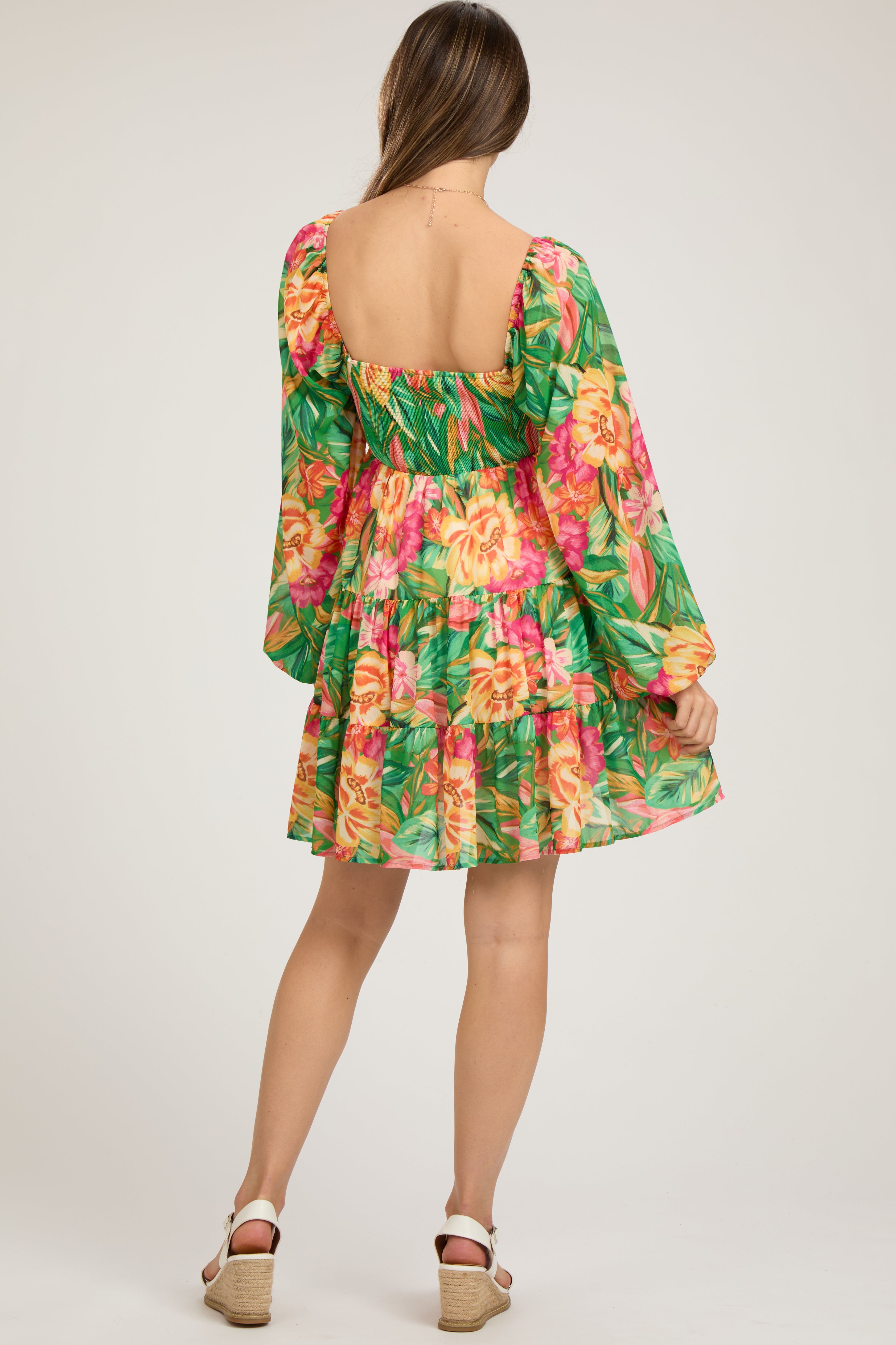 Green Tropical Floral Smocked V-Neck Maternity Midi Dress sold by Pinkblush product image thumbnail 4