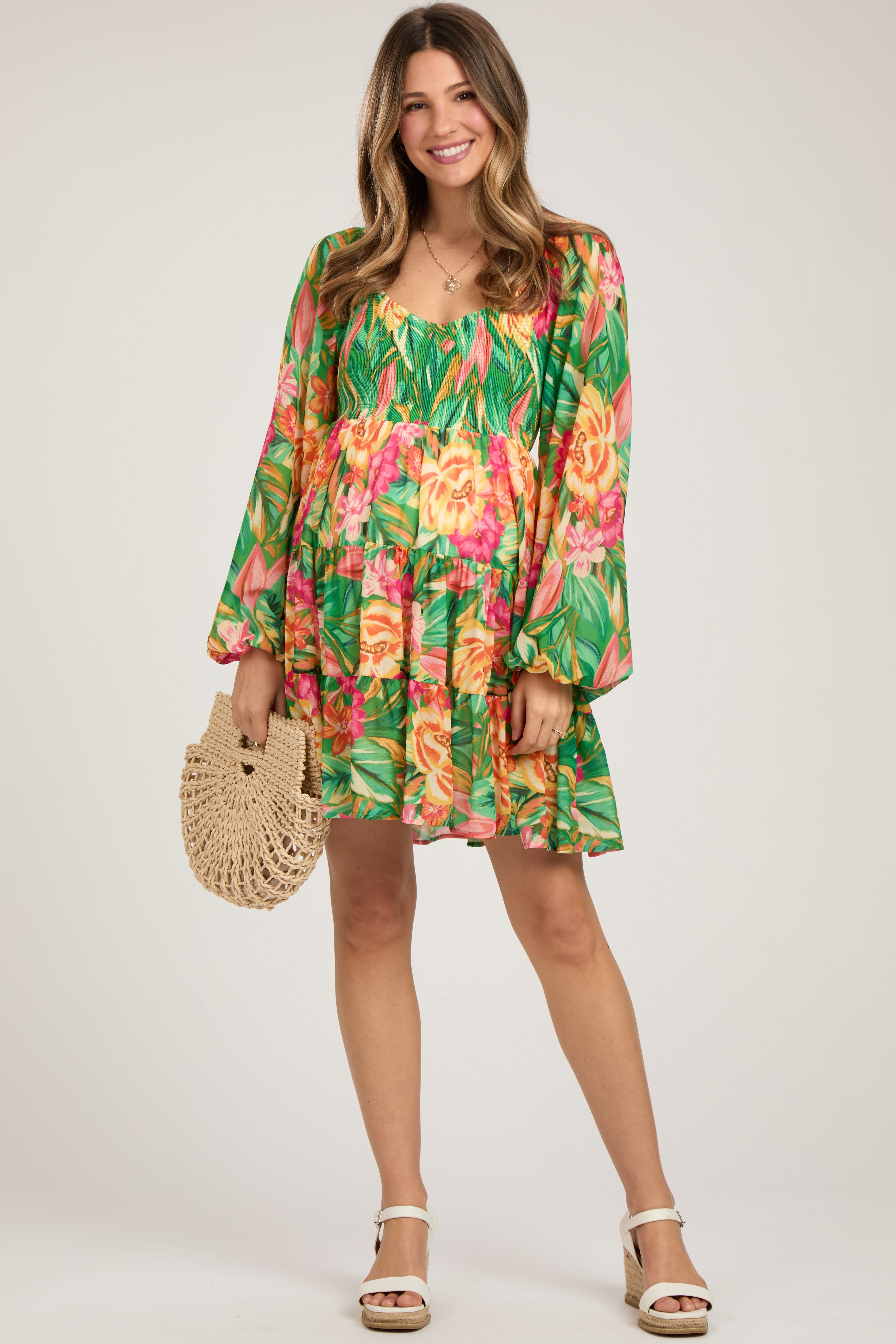 Green Tropical Floral Smocked V-Neck Maternity Midi Dress sold by Pinkblush