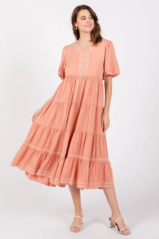 Salmon Short Sleeve Tiered Dress sold by Pinkblush