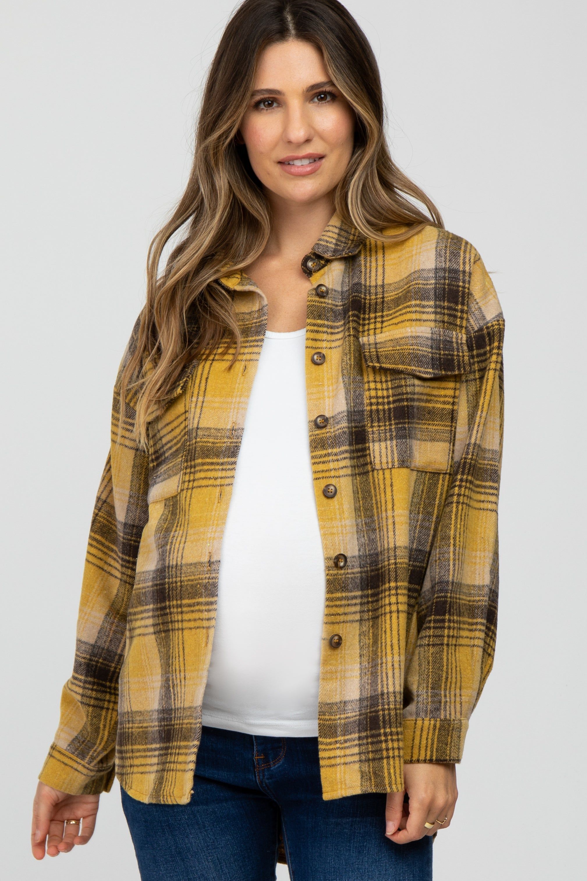 Mustard Plaid Maternity Shacket sold by Pinkblush