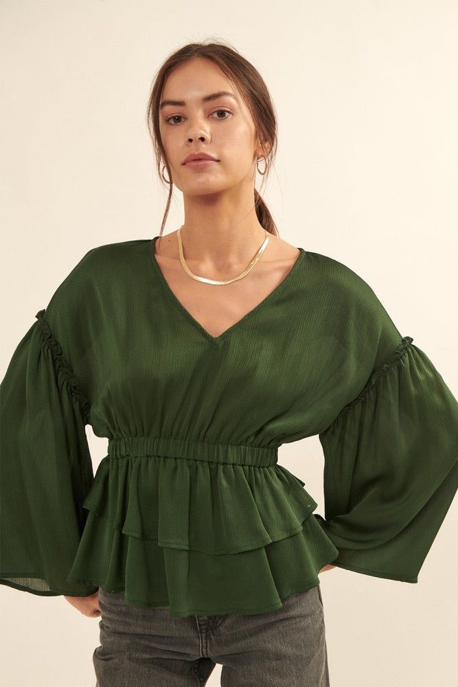Hunter Green Solid V Neck Long Sleeve Tiered Peplum Blouse sold by Pinkblush product image thumbnail 2