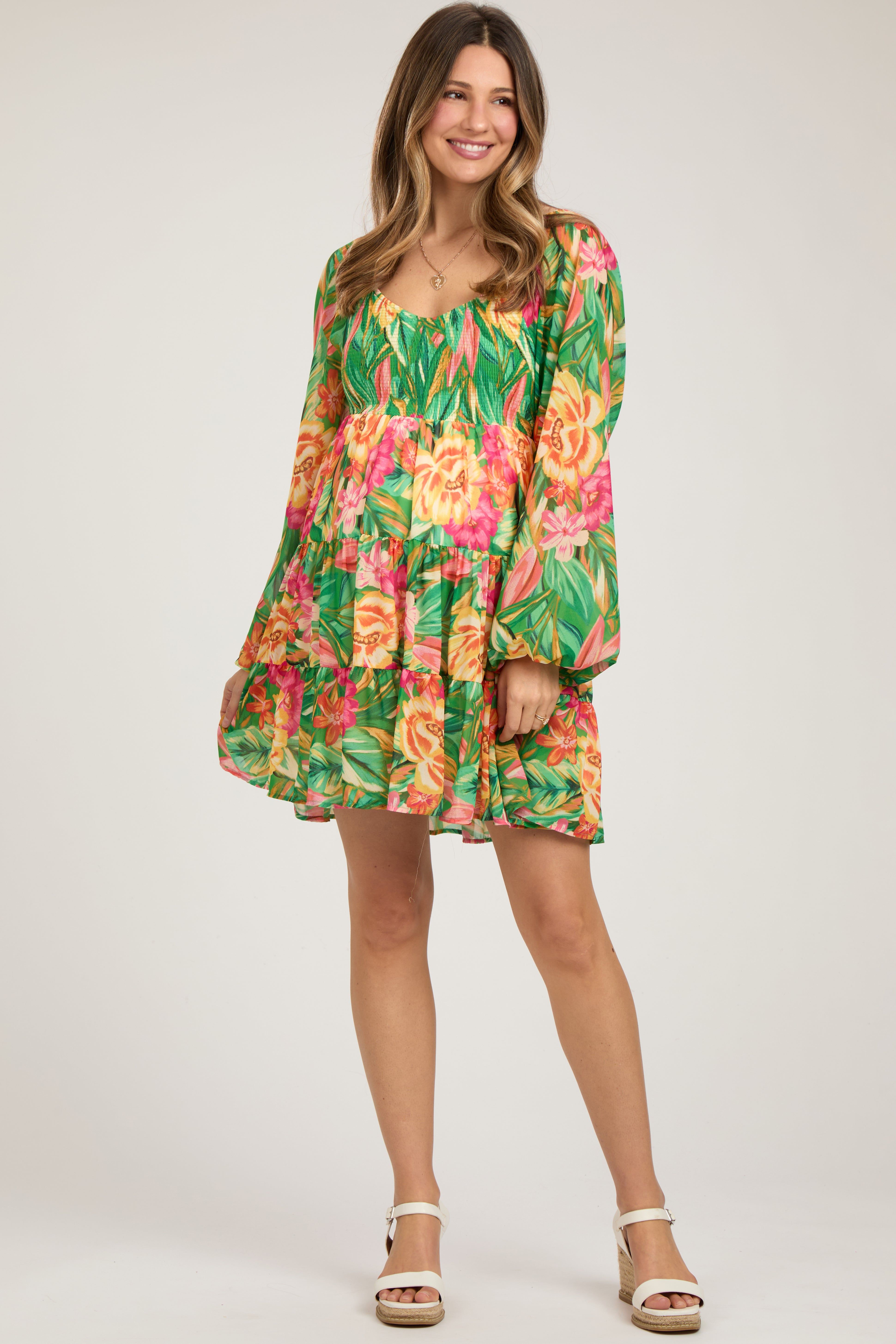 Green Tropical Floral Smocked V-Neck Maternity Midi Dress sold by Pinkblush product image thumbnail 2
