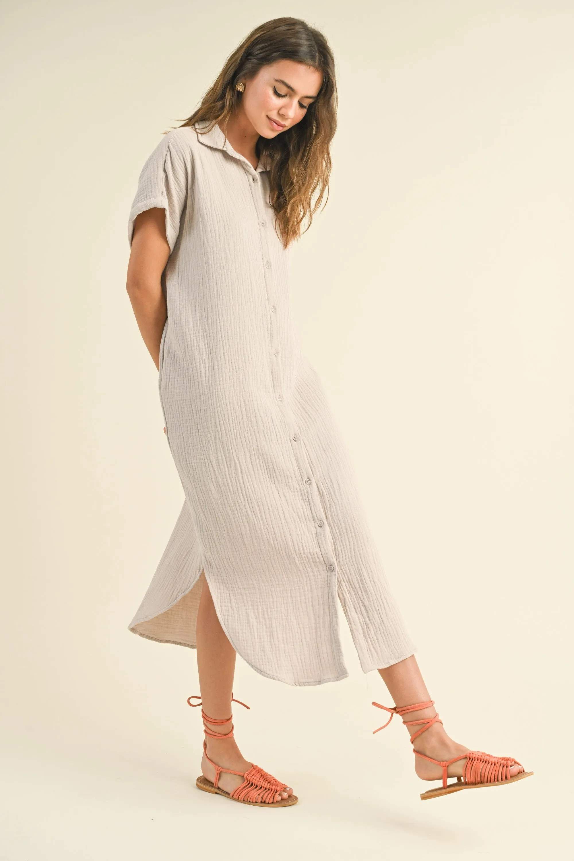 Cream Double Gauze Button Down Maxi Shirt Dress sold by Pinkblush product image thumbnail 2