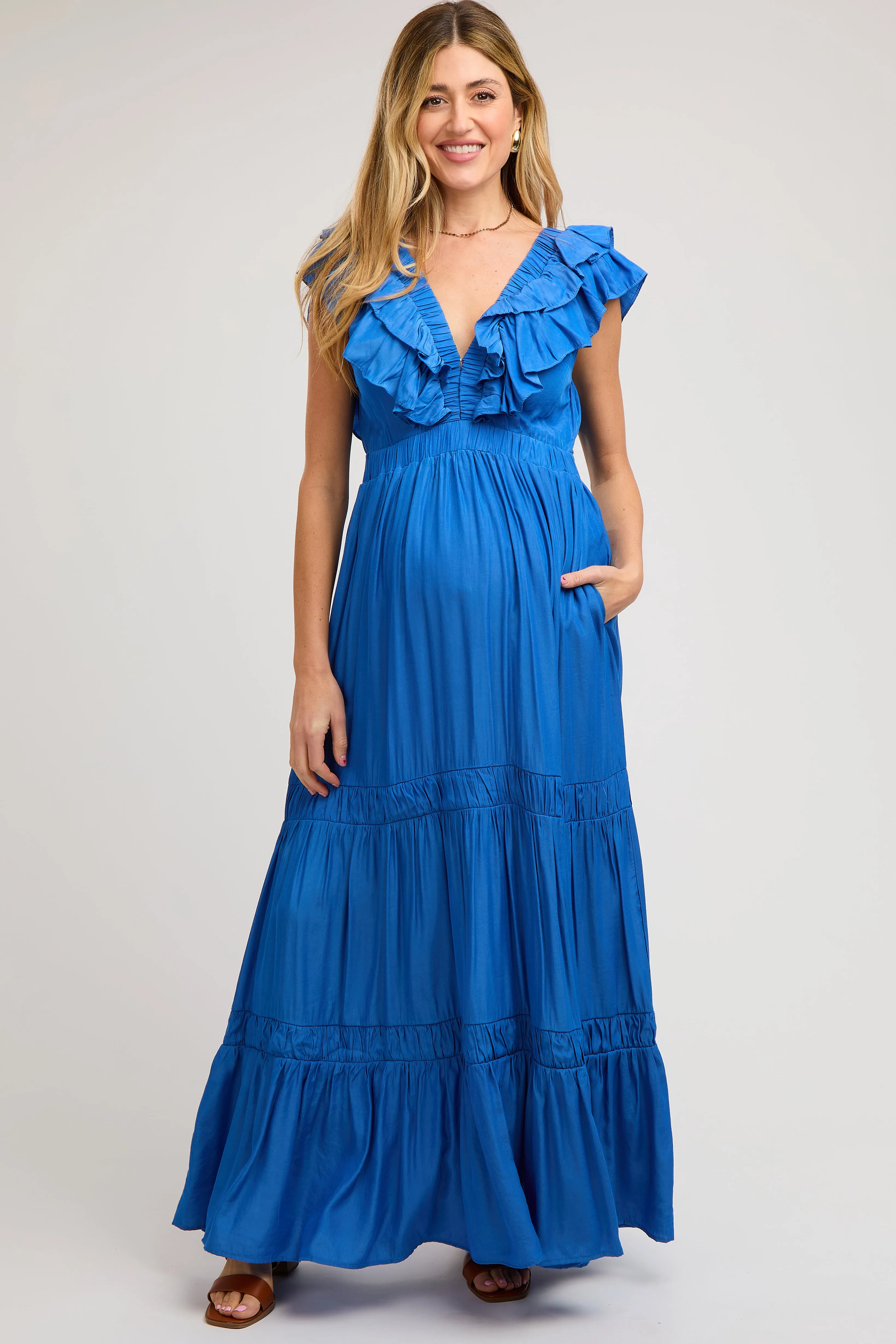 Blue Layered Ruffle Tiered Maternity Maxi Dress sold by Pinkblush